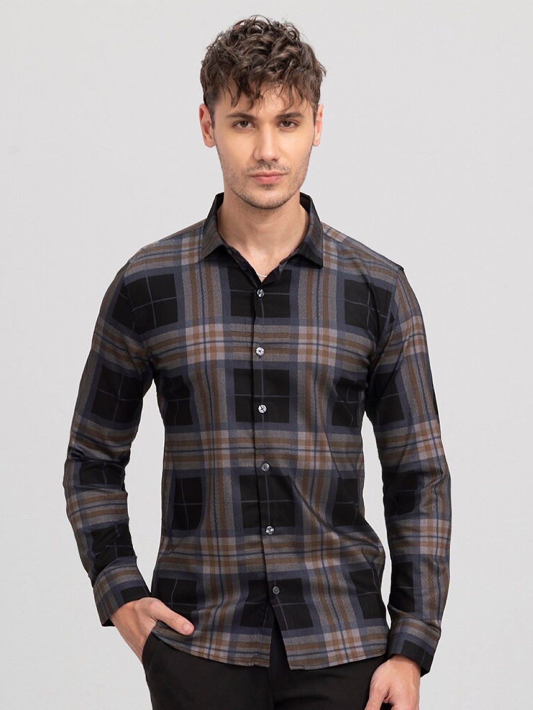 

Snitch Men Slim Fit Tartan Checked Cotton Casual Shirt, Brown