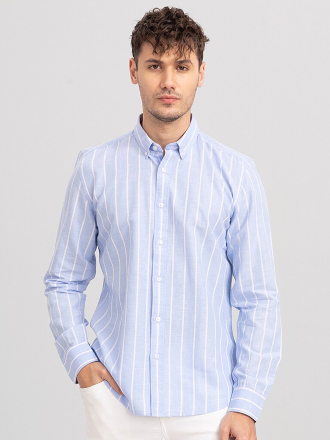 

Snitch Men Slim Fit Striped Casual Cotton Shirt, Blue