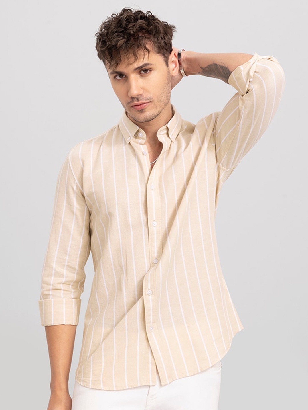 

Snitch Men Slim Fit Striped Casual Cotton Shirt, Beige