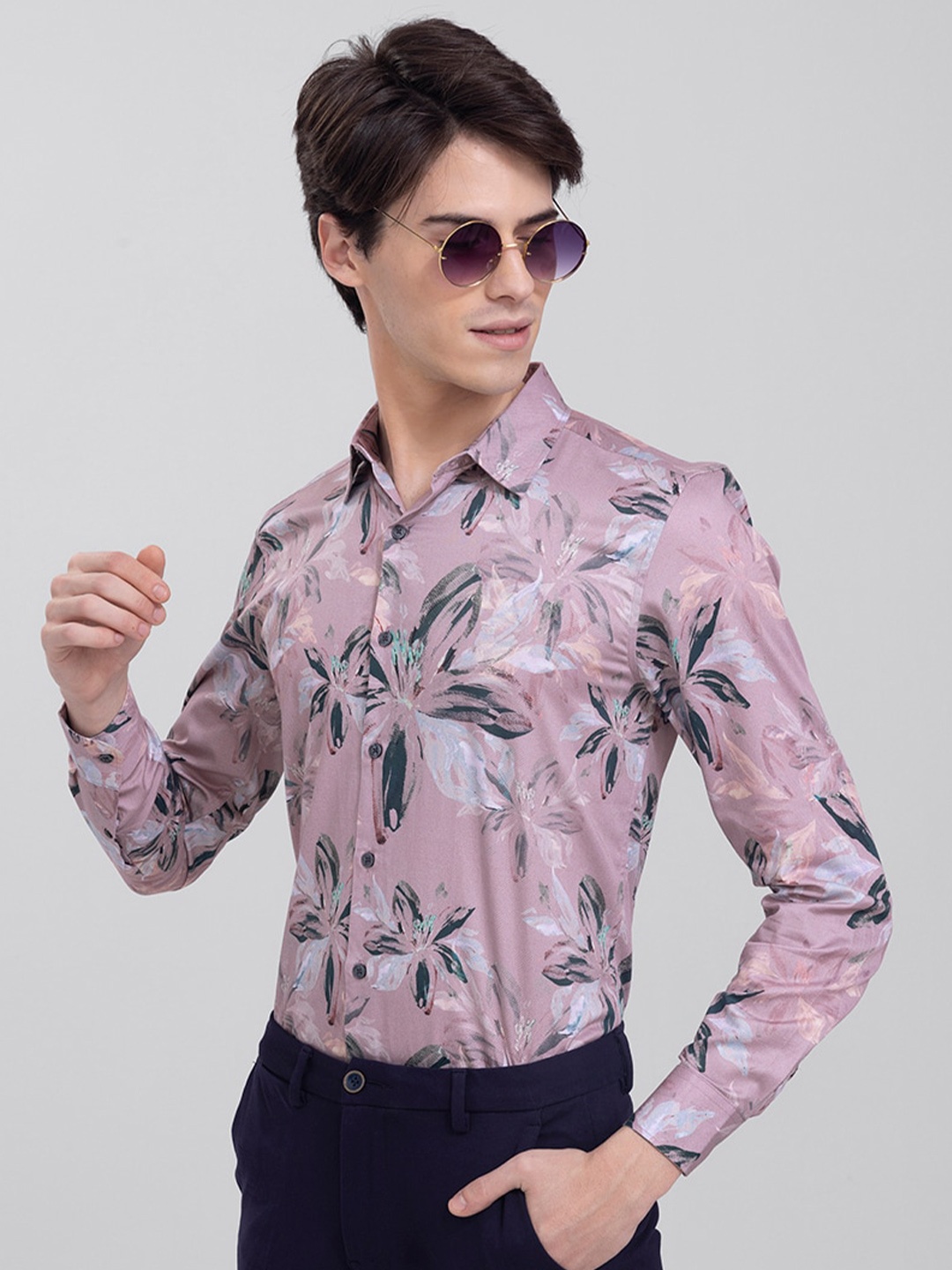

Snitch Men Slim Fit Floral Printed Casual Cotton Shirt, Mauve