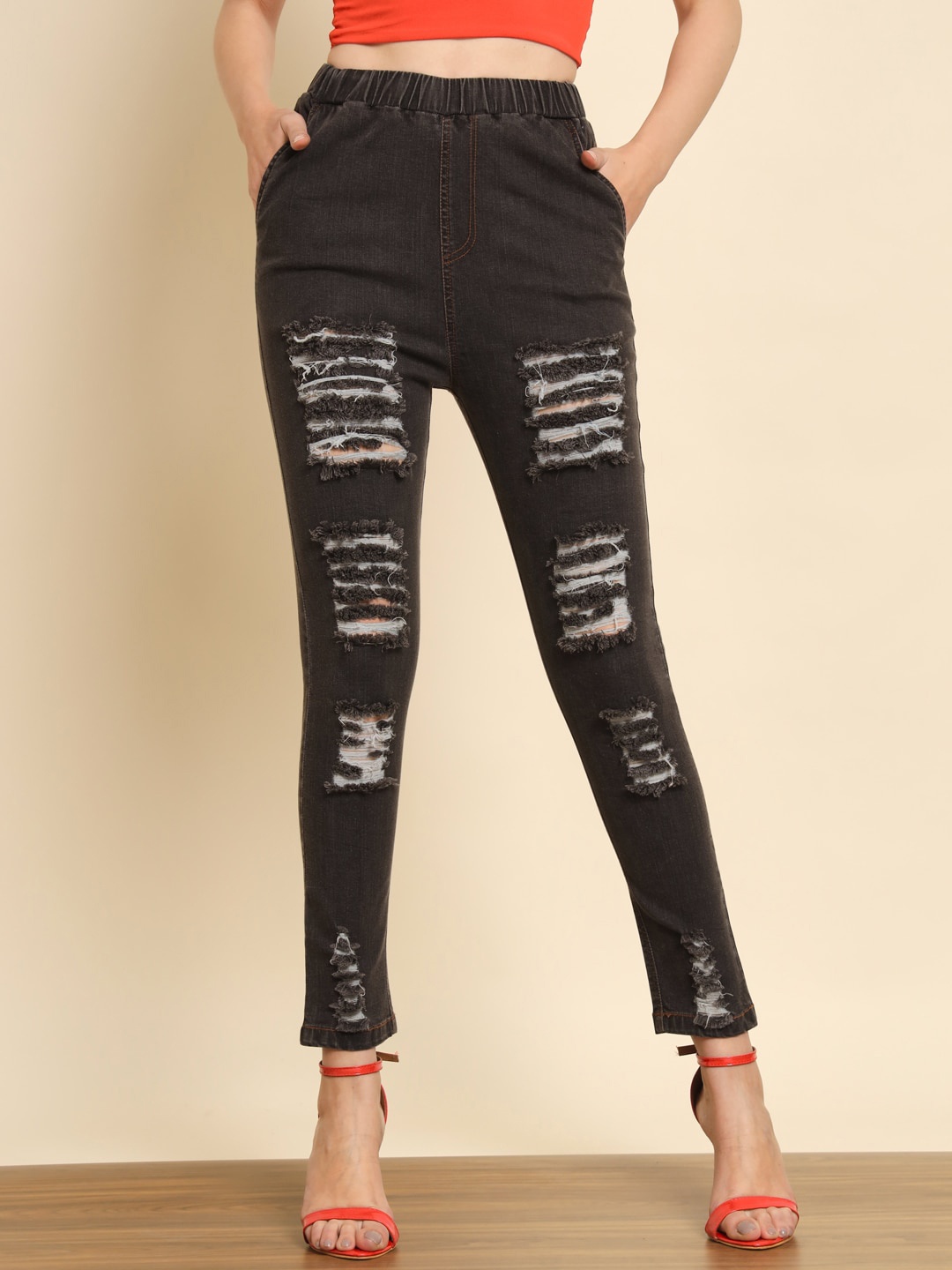 

Darzi Women Skinny Fit Highly Distressed Stretchable Jeans, Black