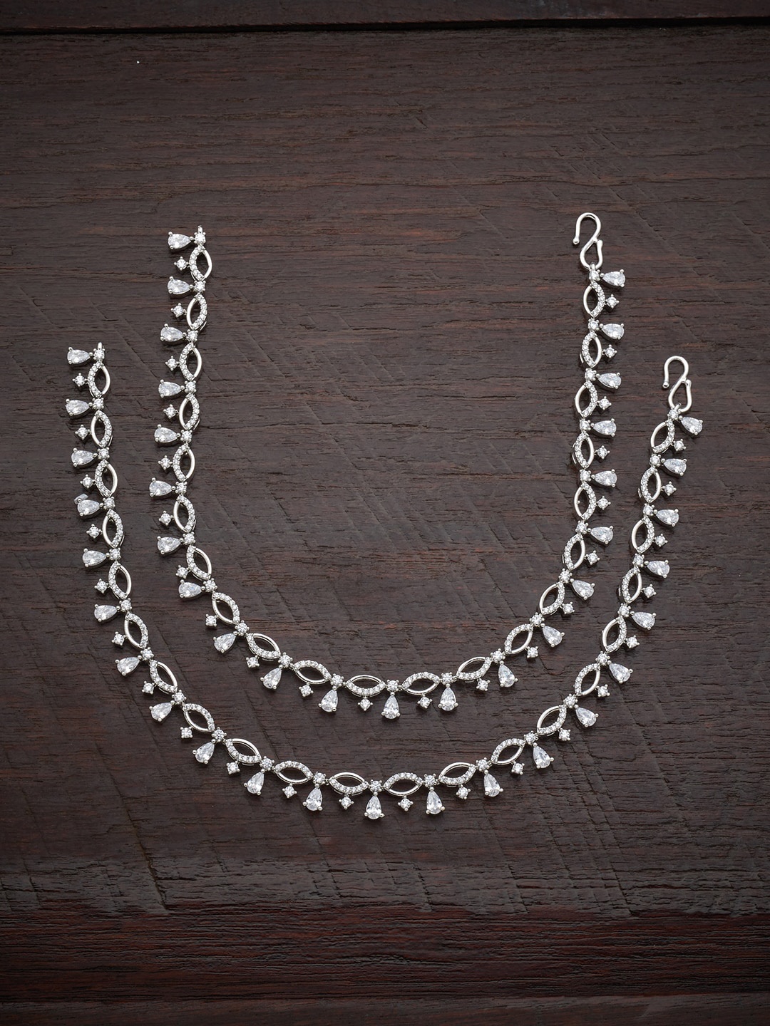 

Kushal's Fashion Jewellery Set Of 2 Rhodium Plated Stone-Studded Copper Anklets, Silver