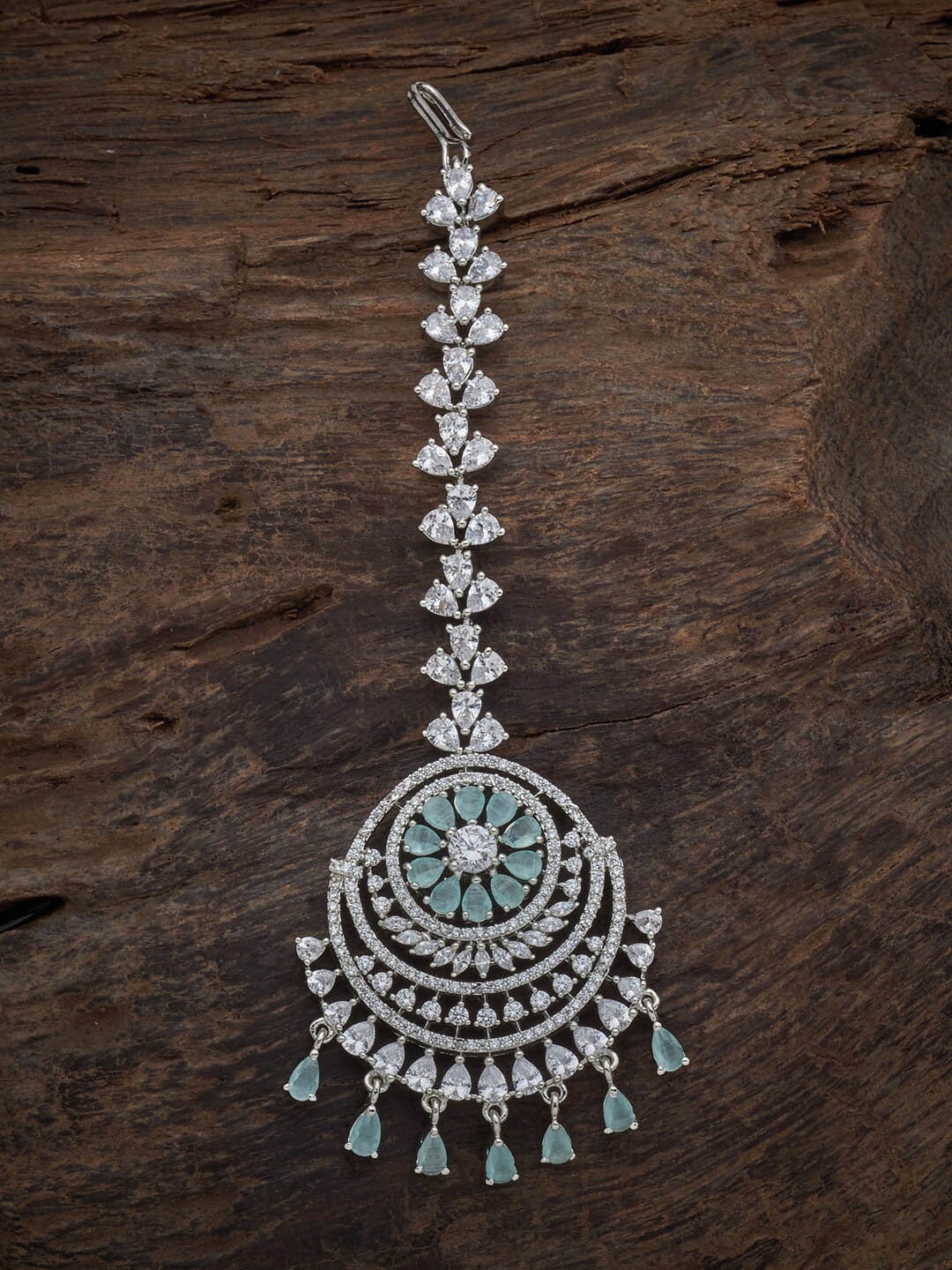 

Kushal's Fashion Jewellery Rhodium-Plated CZ-Studded Maangtikka, Sea green