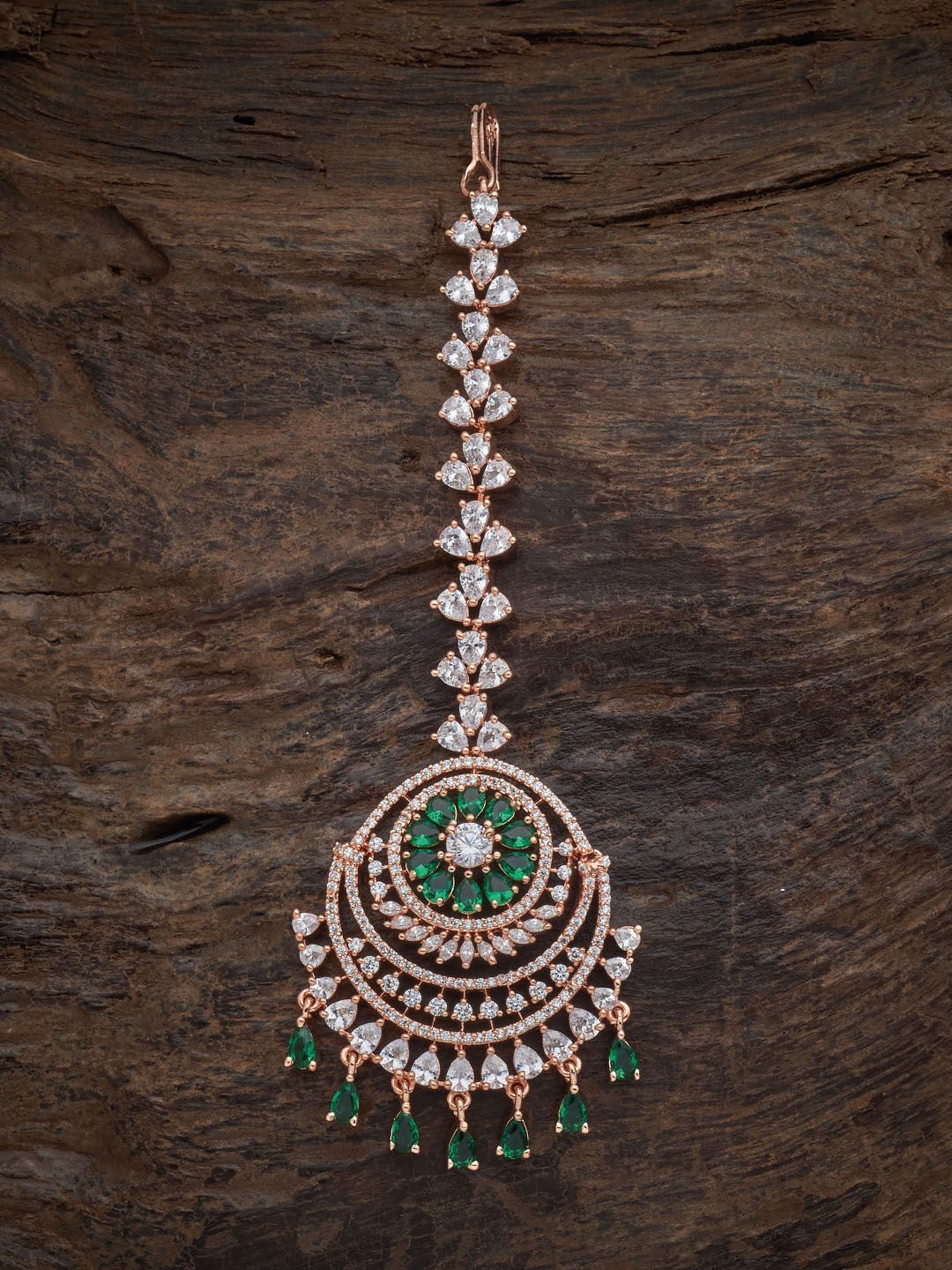 

Kushal's Fashion Jewellery Rose Gold Plated CZ Stone-Studded Maang Tikka, Green