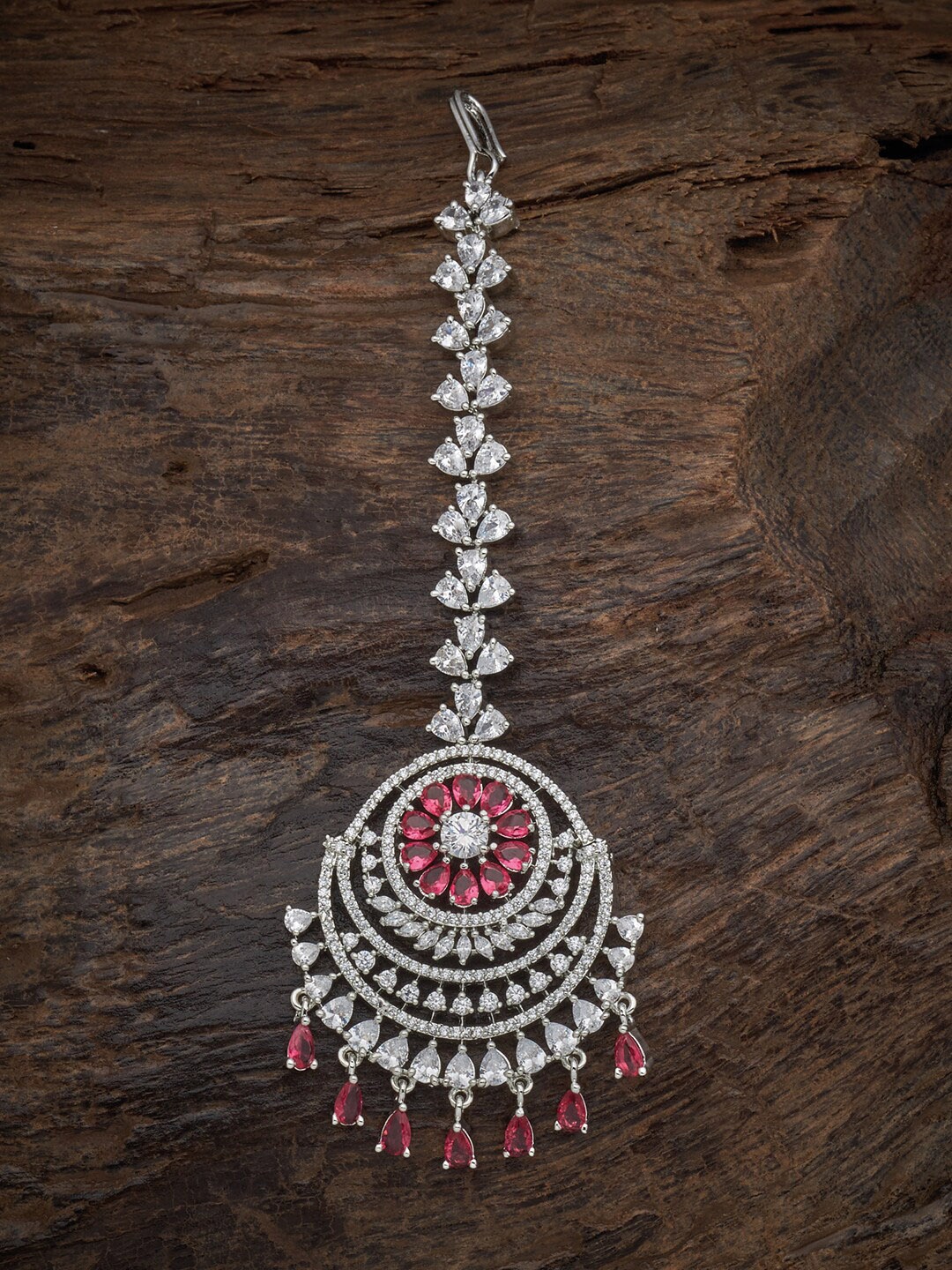 

Kushal's Fashion Jewellery Rhodium Plated AD-Studded Mangtikka, Red