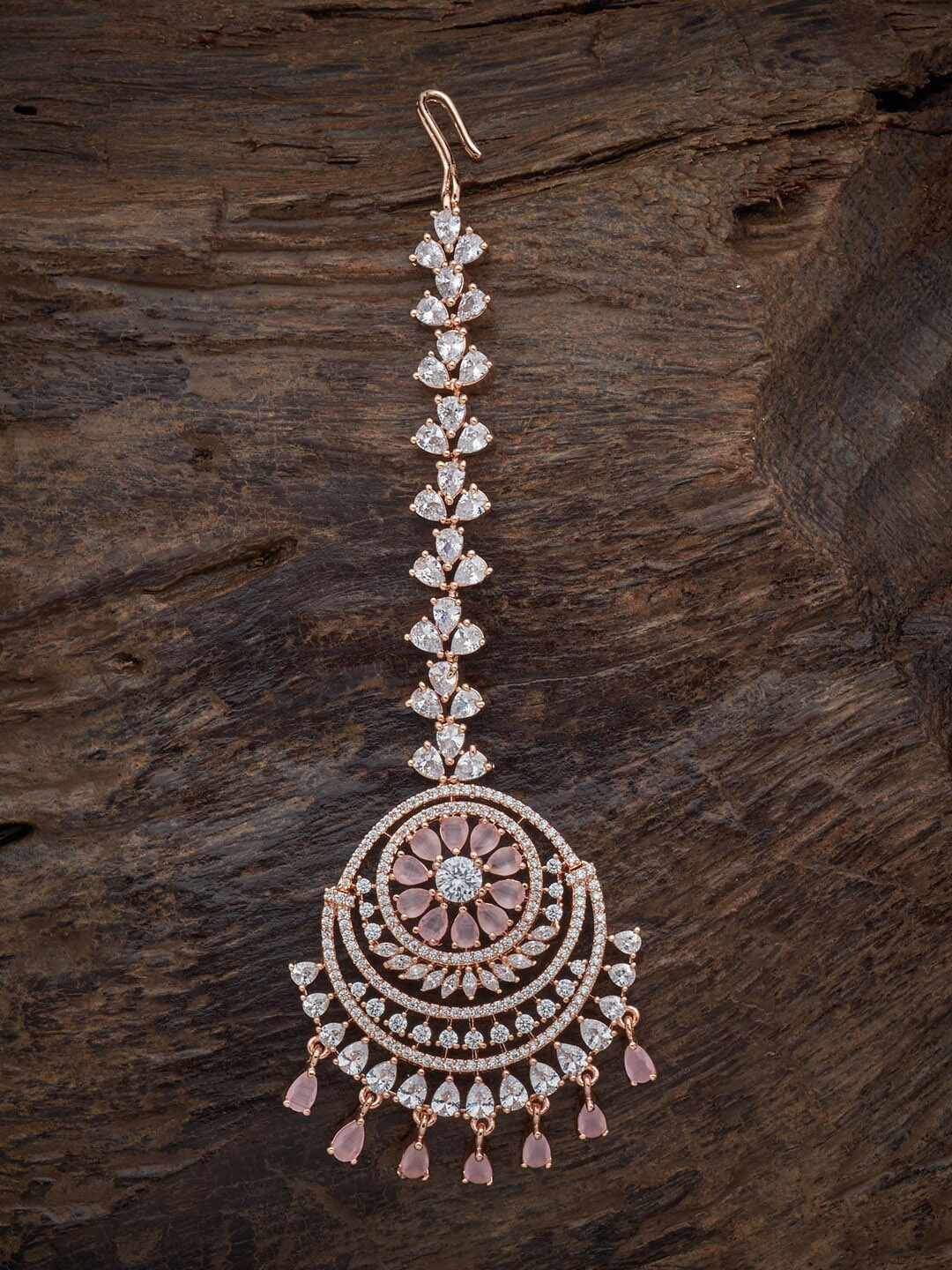 

Kushal's Fashion Jewellery Rose Gold-Plated CZ Crystal-Studded Maang Tikka, Pink