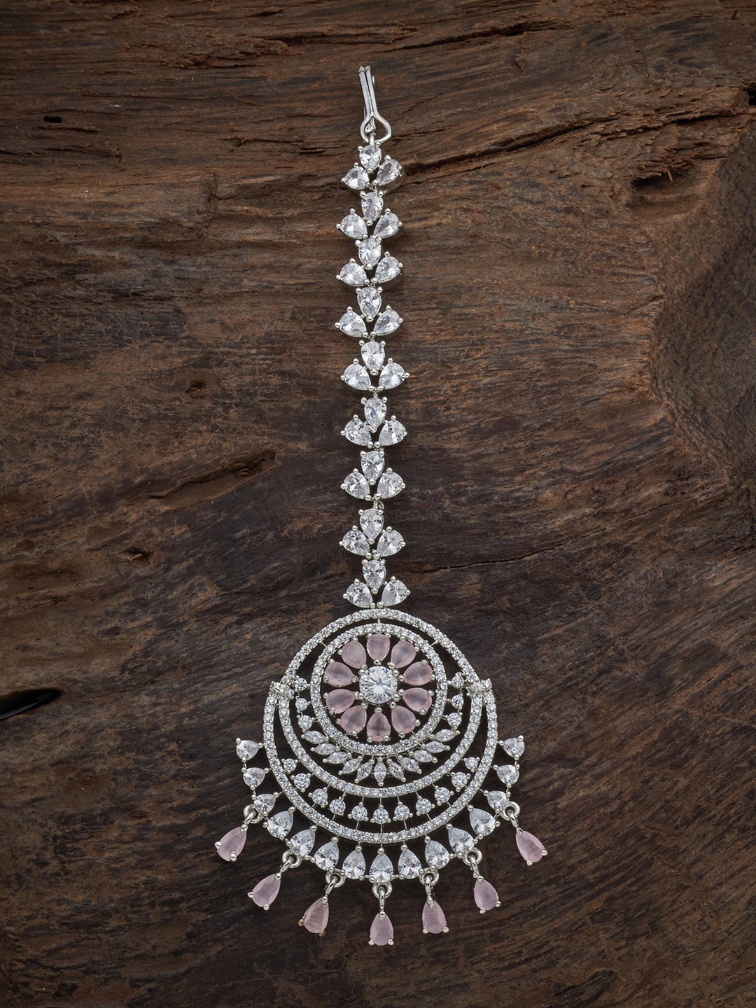 

Kushal's Fashion Jewellery Rhodium-Plated CZ-Studded Maang Tikka, Pink