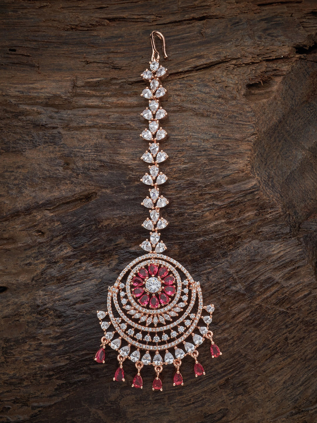 

Kushal's Fashion Jewellery Rose-Gold Plated CZ Stone Studded Copper Maang Tikka, Red