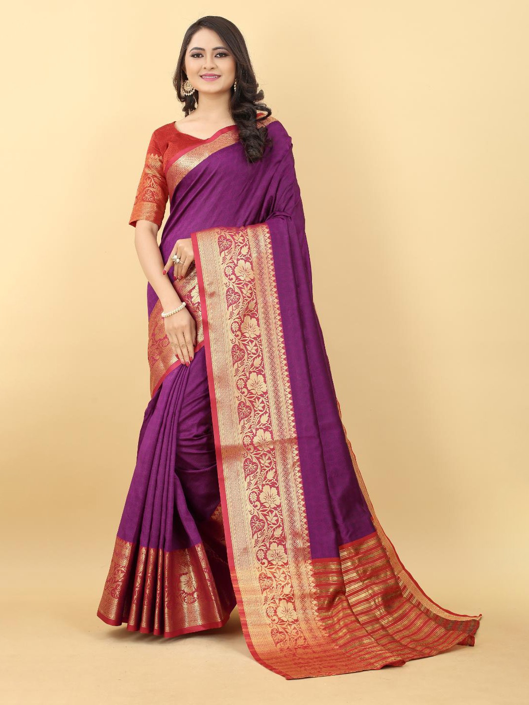 

B4ME.COM Woven Design Zari Silk Cotton Kanjeevaram Saree, Purple