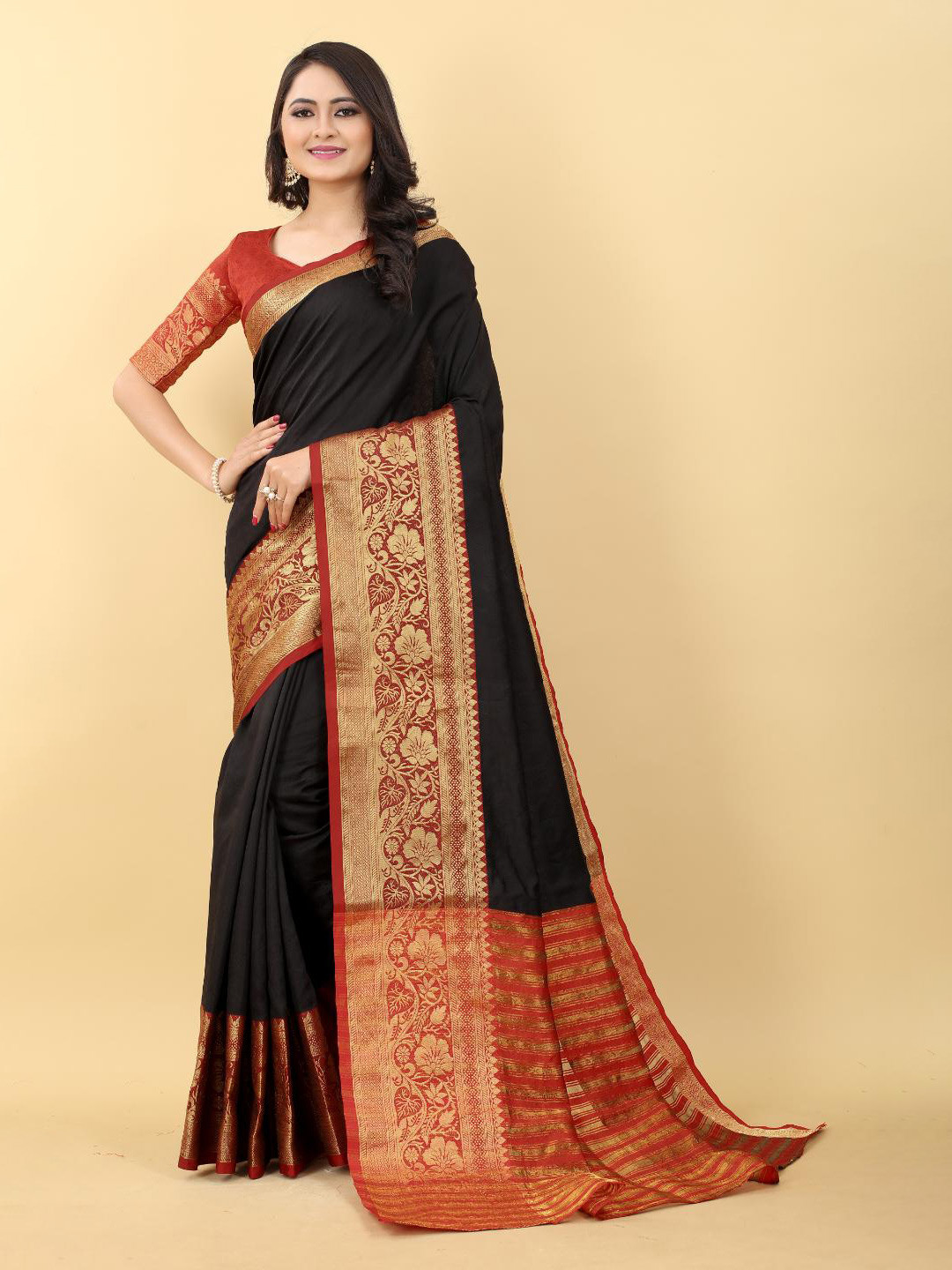

B4ME.COM Woven Design Zari Silk Cotton Kanjeevaram Saree, Black