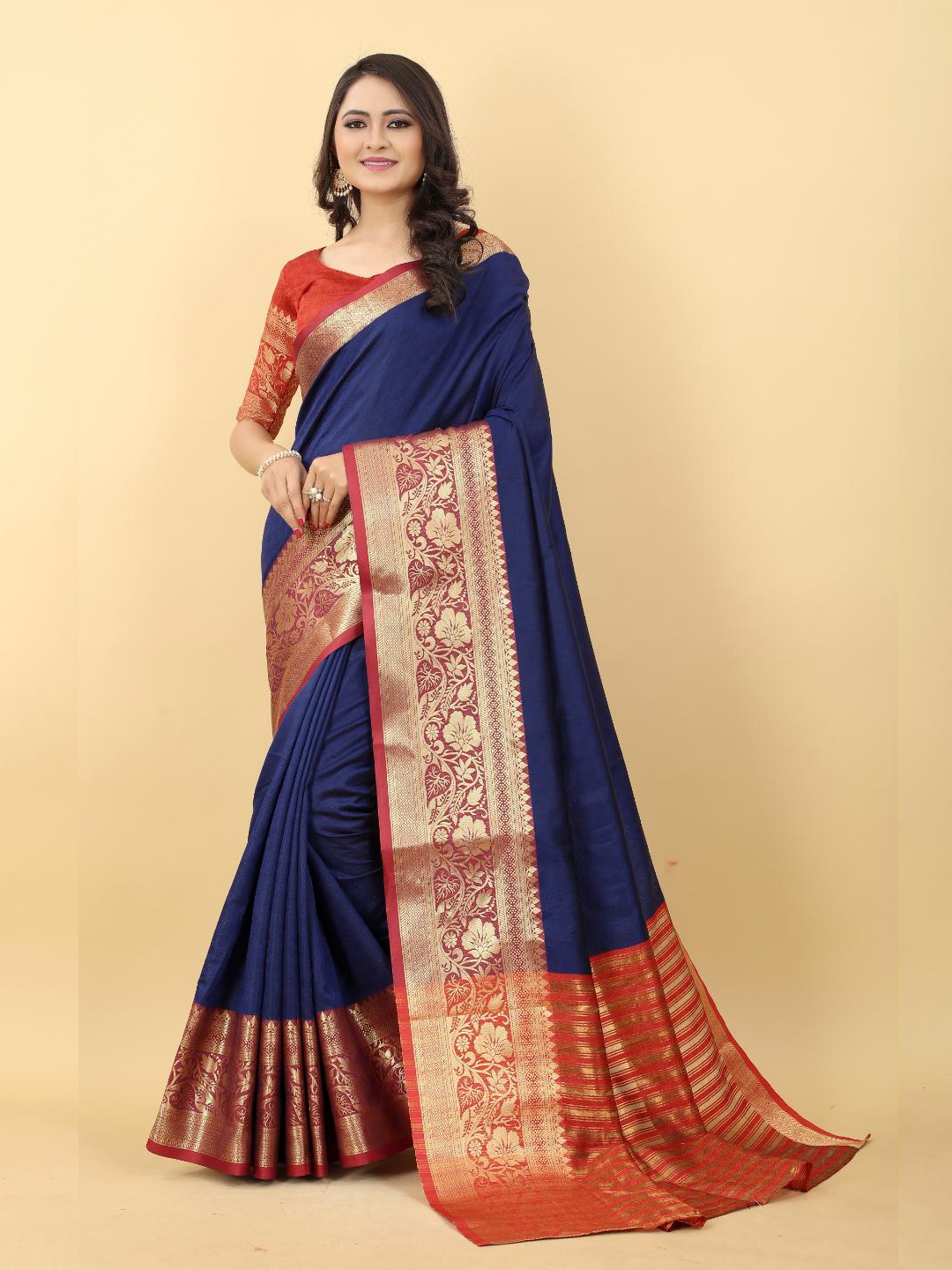 

B4ME.COM Woven Design Zari Silk Cotton Kanjeevaram Saree, Navy blue