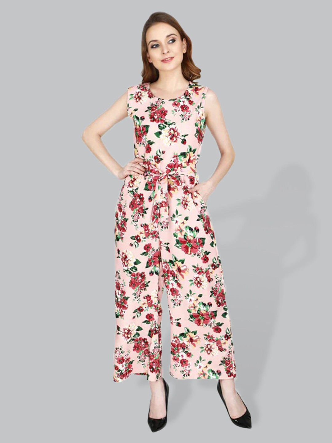 

CUFFS N LASHES Floral Printed Sleeveless Basic Jumpsuit, Peach