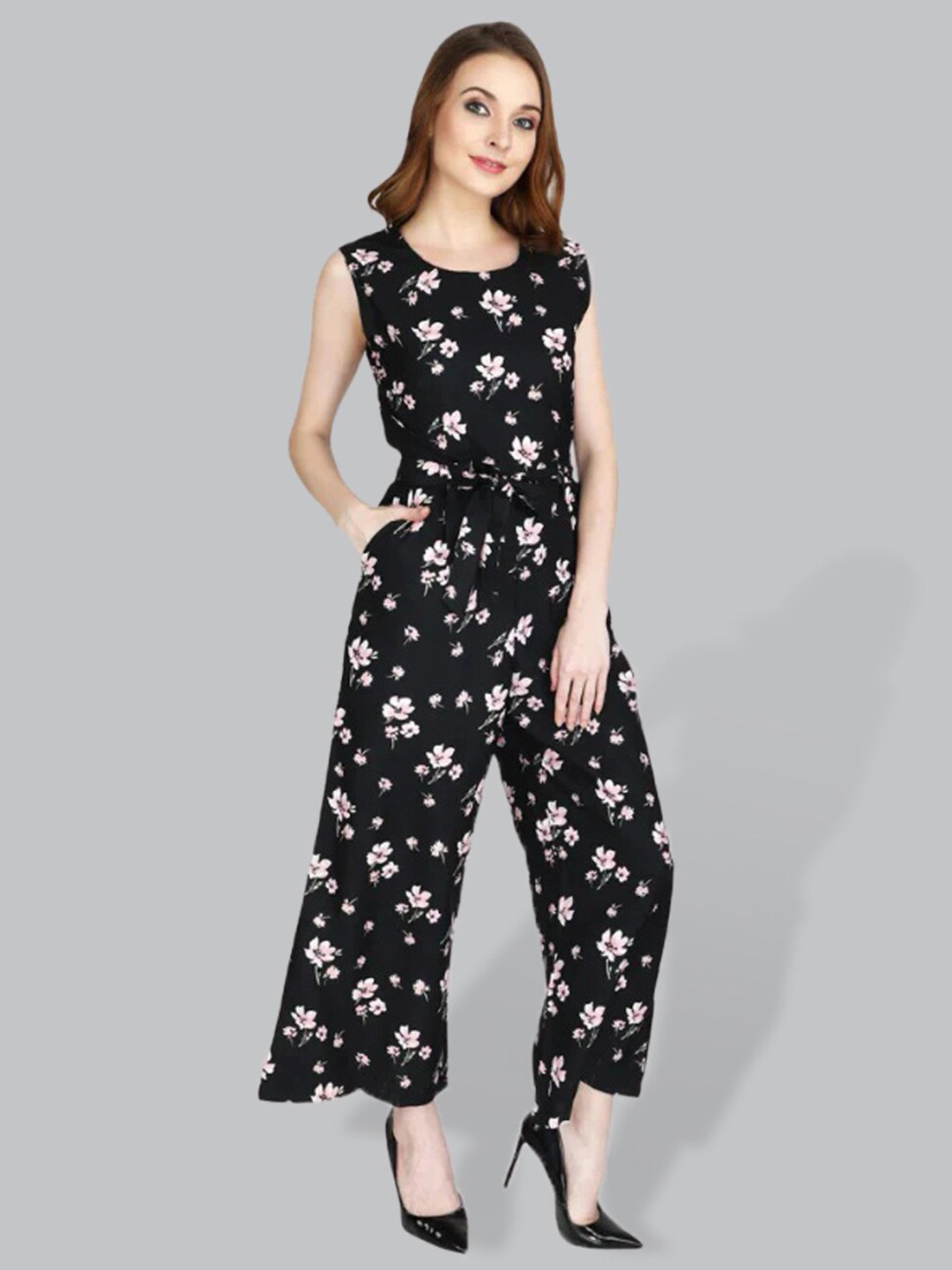 

CUFFS N LASHES Floral Printed Sleeveless Basic Jumpsuit, Black