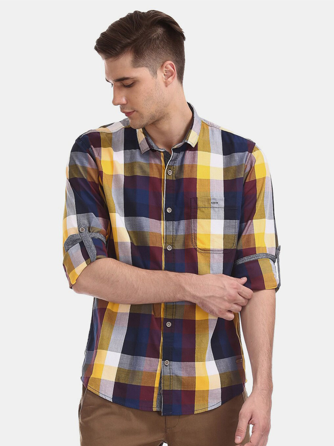 

V-Mart Men Classic Checked Casual Cotton Shirt, Yellow