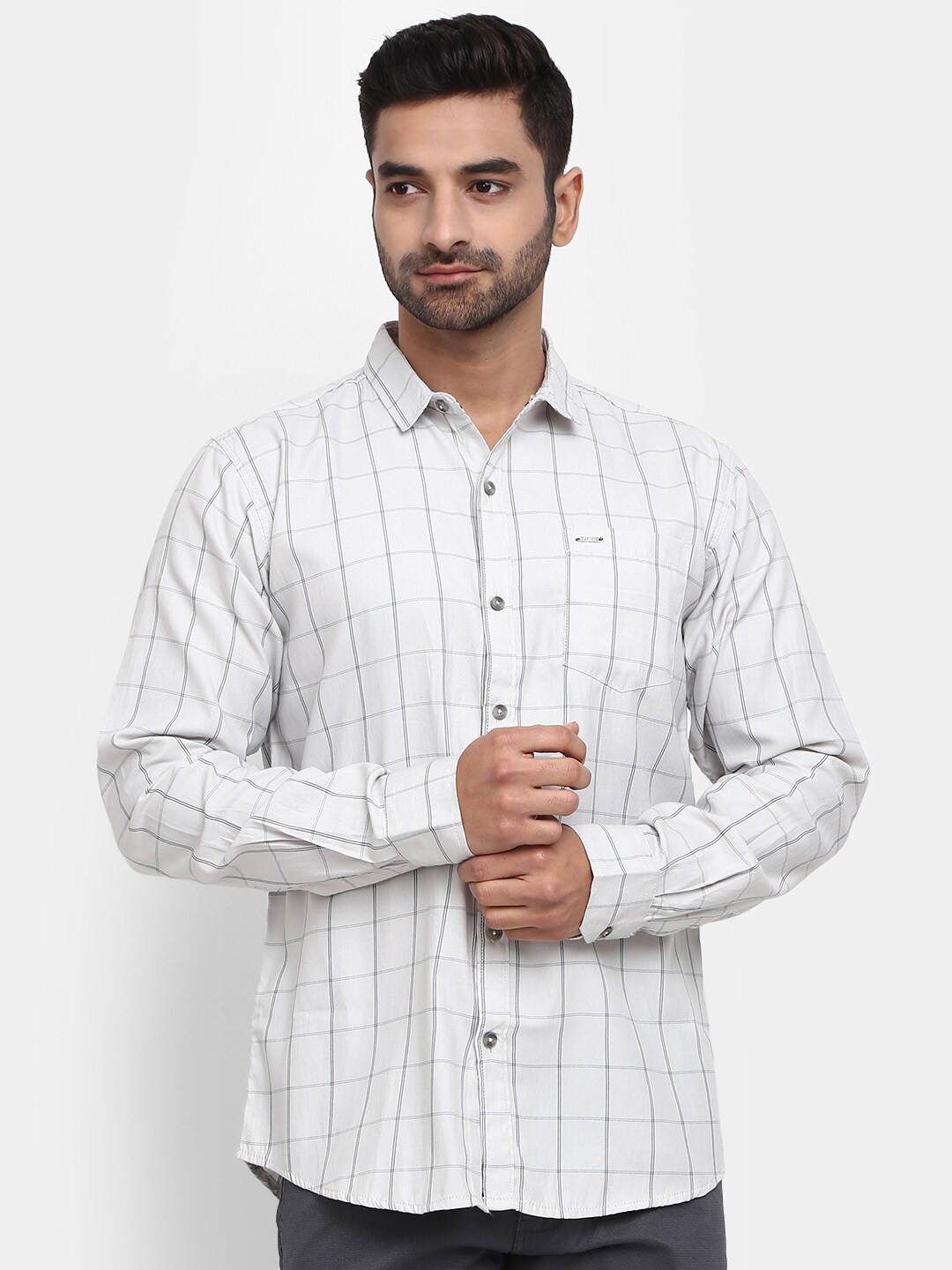 

V-Mart Men Classic Windowpane Checked Casual Cotton Shirt, Grey