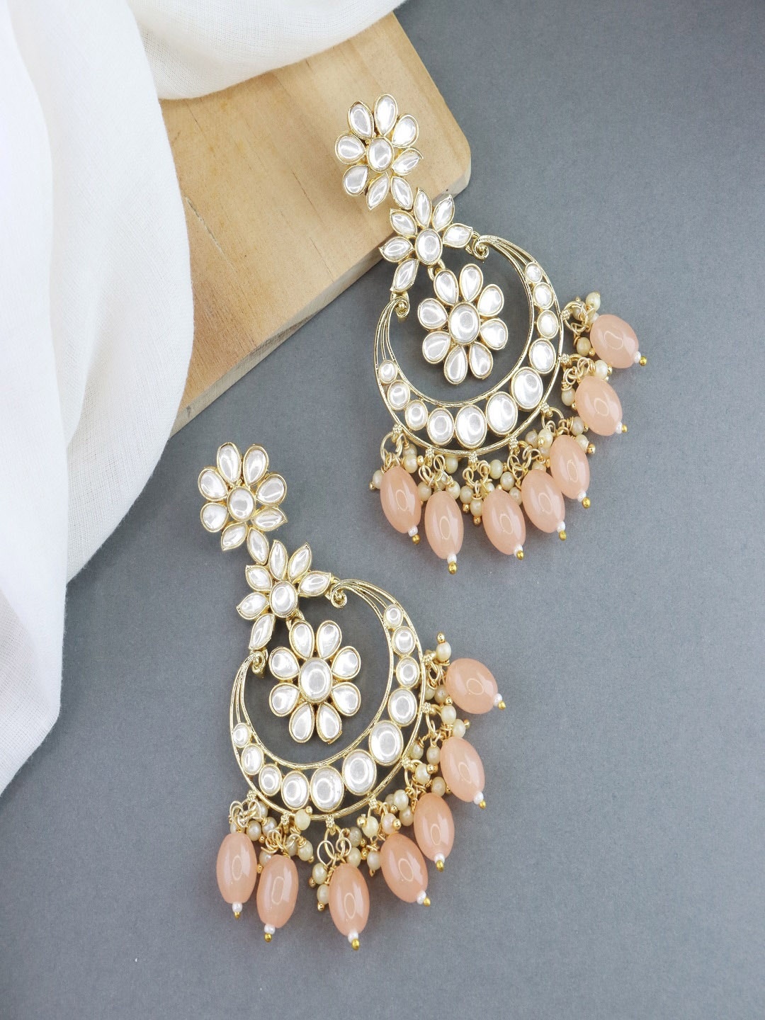 

I Jewels Kundan Pearl Floral Chandbalis Earrings, Peach