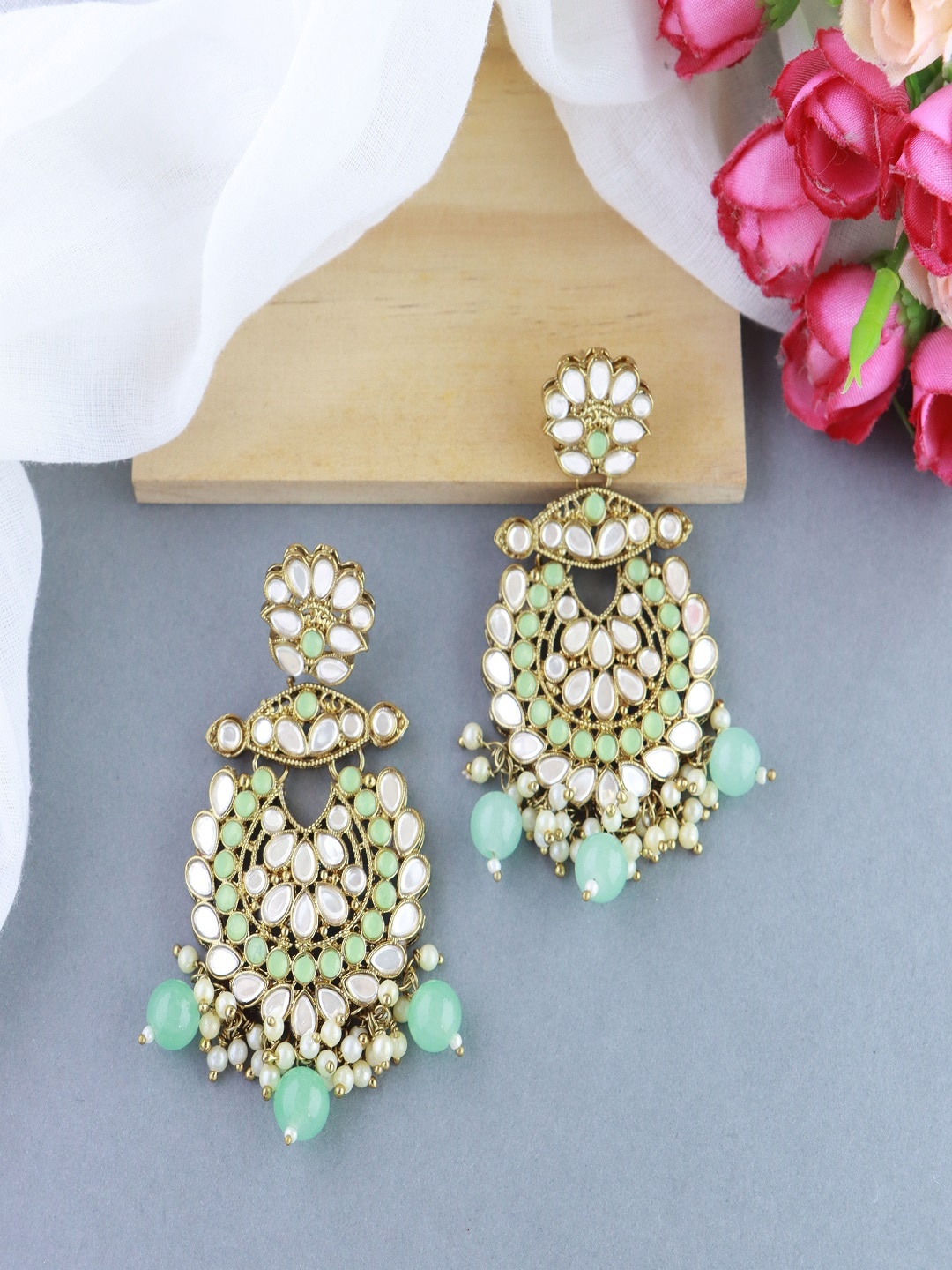 

I Jewels Kundan Floral Drop Earrings, Green