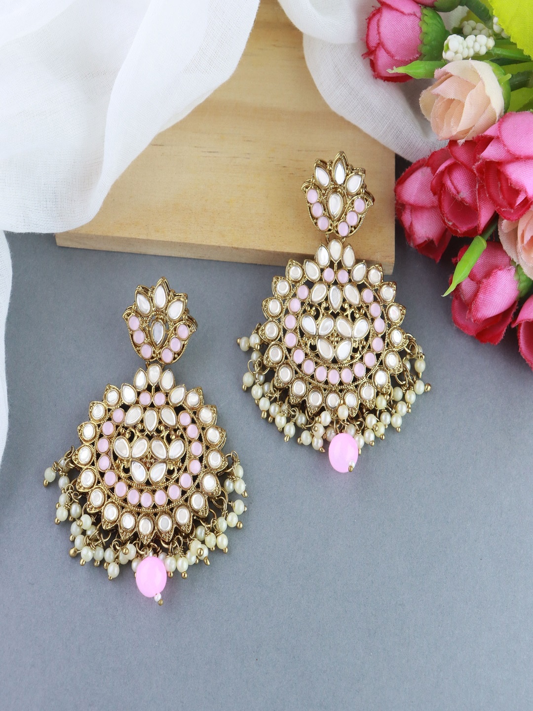 

I Jewels Gold-Plated Contemporary Chandbalis Earrings, Pink