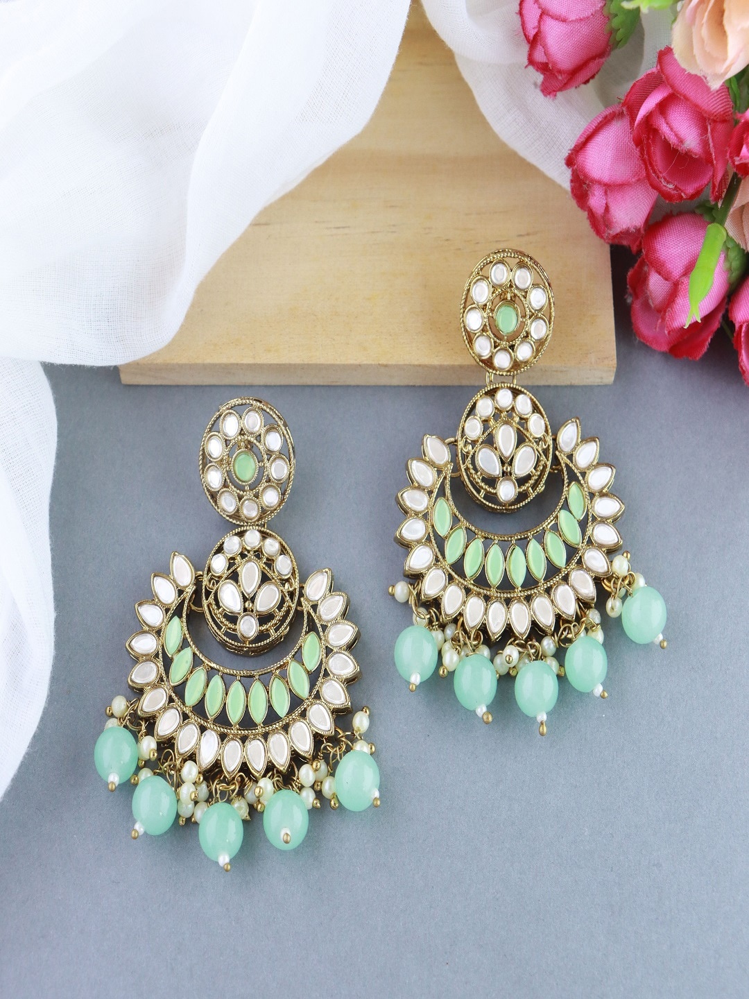 

I Jewels Gold-Plated Contemporary Chandbalis Earrings, Green