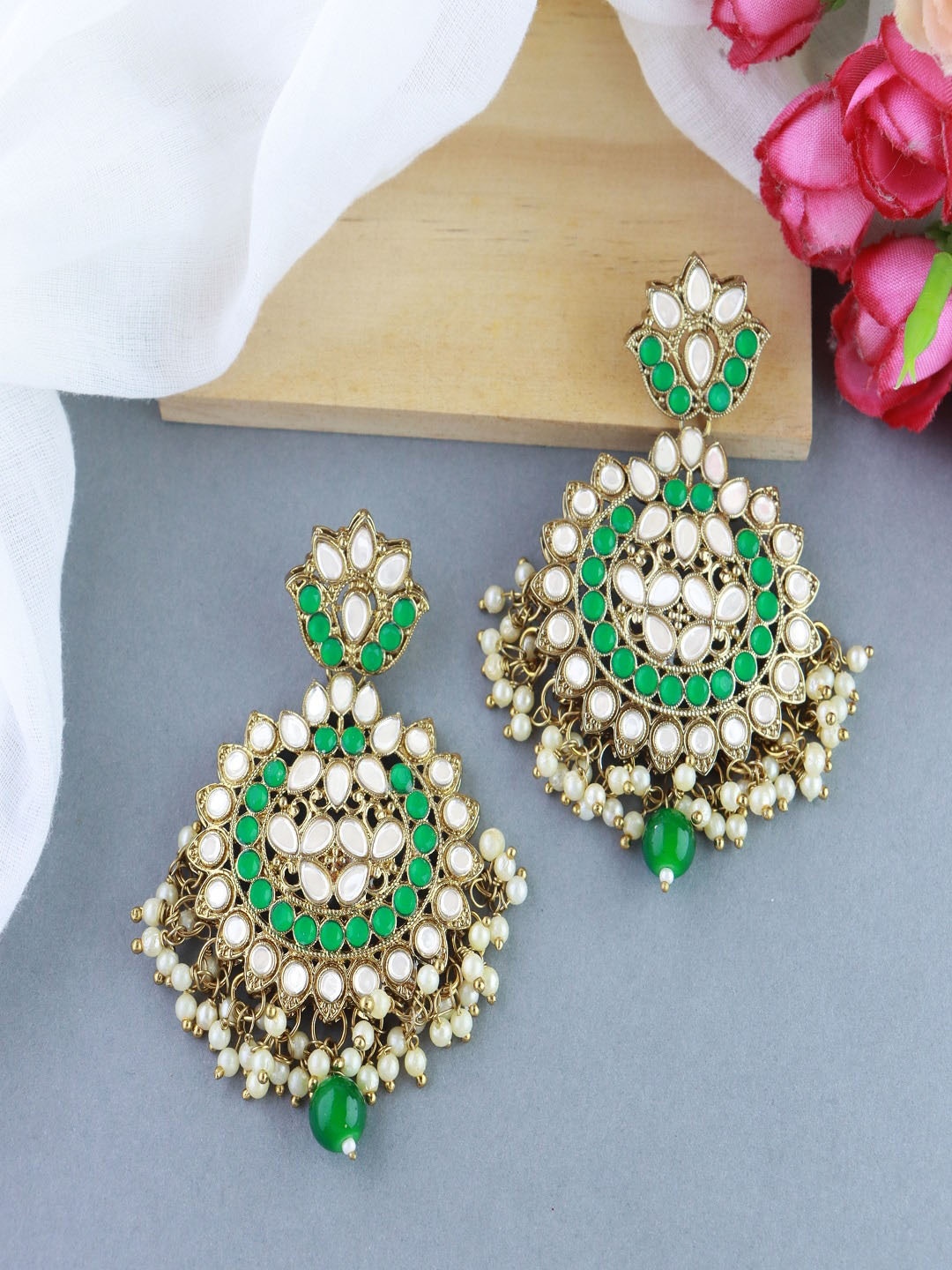 

I Jewels Gold-Plated Contemporary Chandbalis Earrings, Green