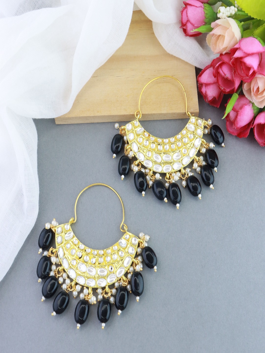 

I Jewels Gold-Plated Contemporary Chandbalis Earrings, Black
