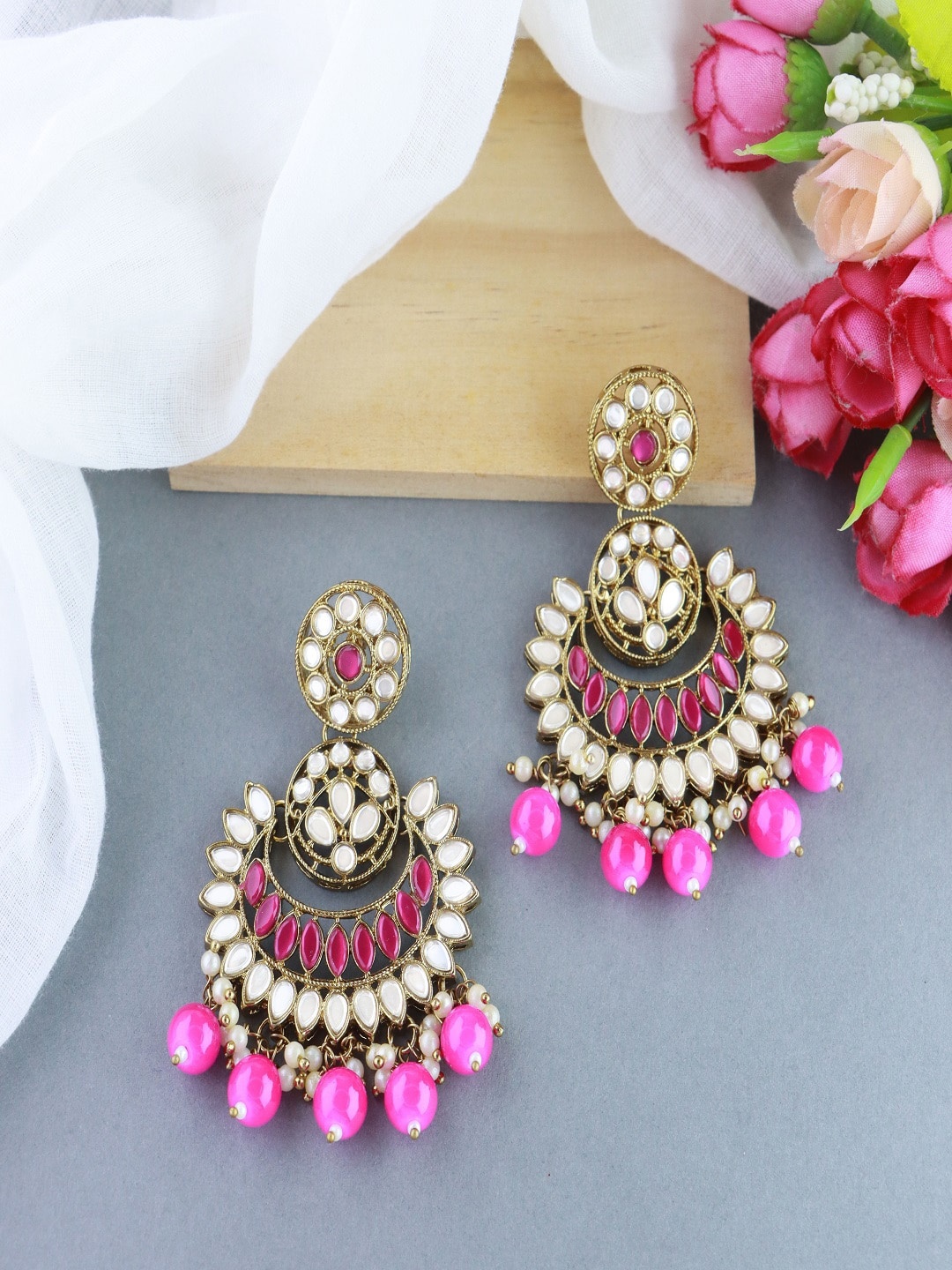 

I Jewels Gold-Plated Circular Chandbalis Earrings, Pink