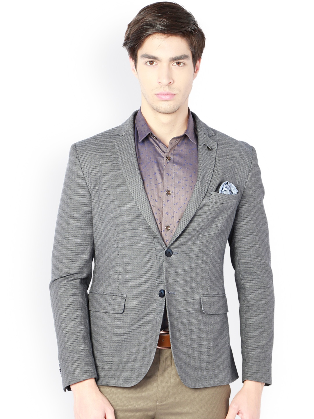 

V Dot Grey Self-Design Super Slim Fit Single-Breasted Formal Blazer