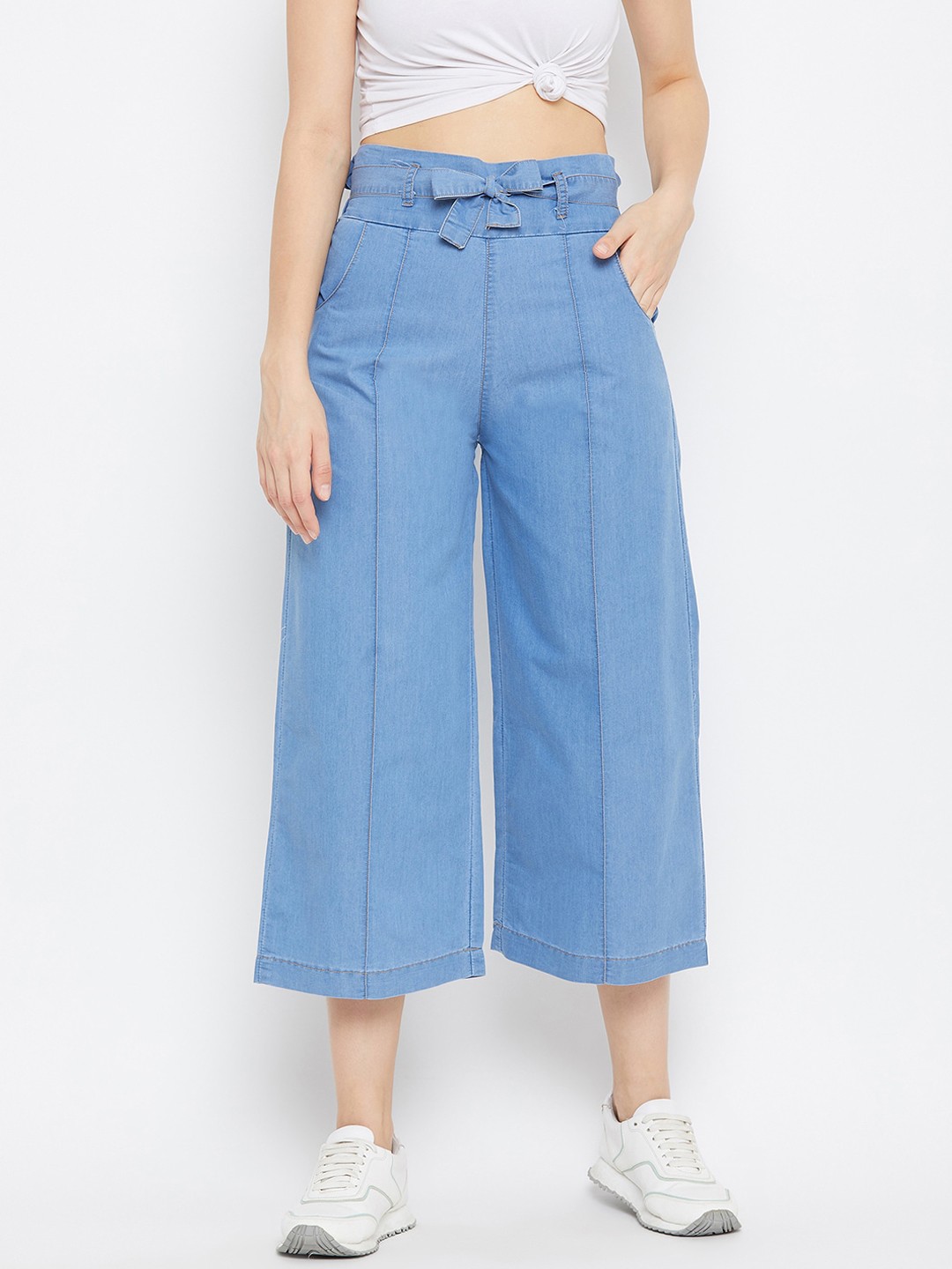

Clora Creation Women Denim Smart Easy Wash Pleated Culottes Trousers, Blue