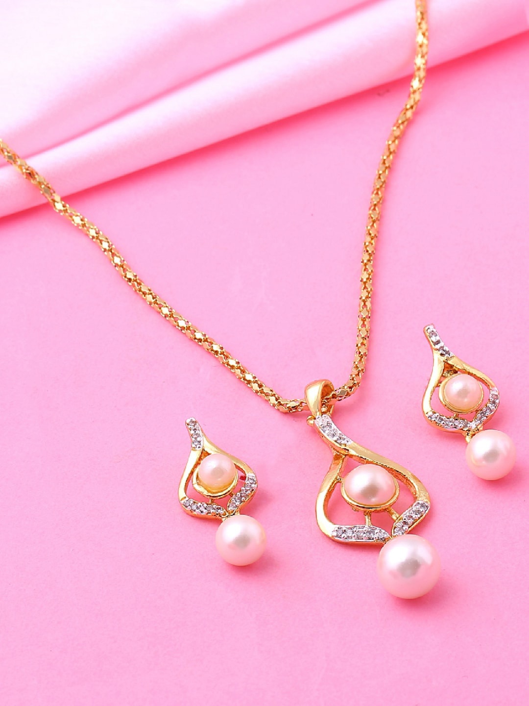 

Estele Gold-Plated CZ Studded Pearl Detailed Brass Jewellery Set, White