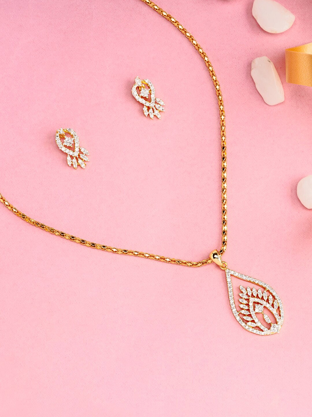 

Estele Gold Plated CZ Drop Designer Pendant Necklace Set