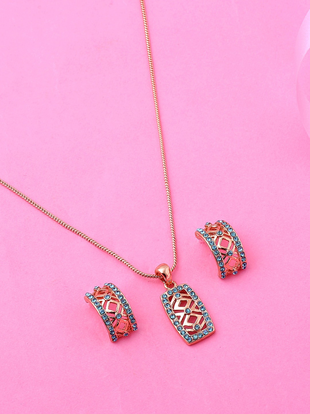 

Estele Rose Gold Plated Geometrical Designer Pendant Set with Crystals