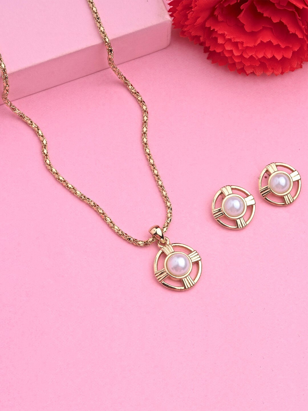 

Estele Gold Plated Button Designer Necklace Set with Pearl