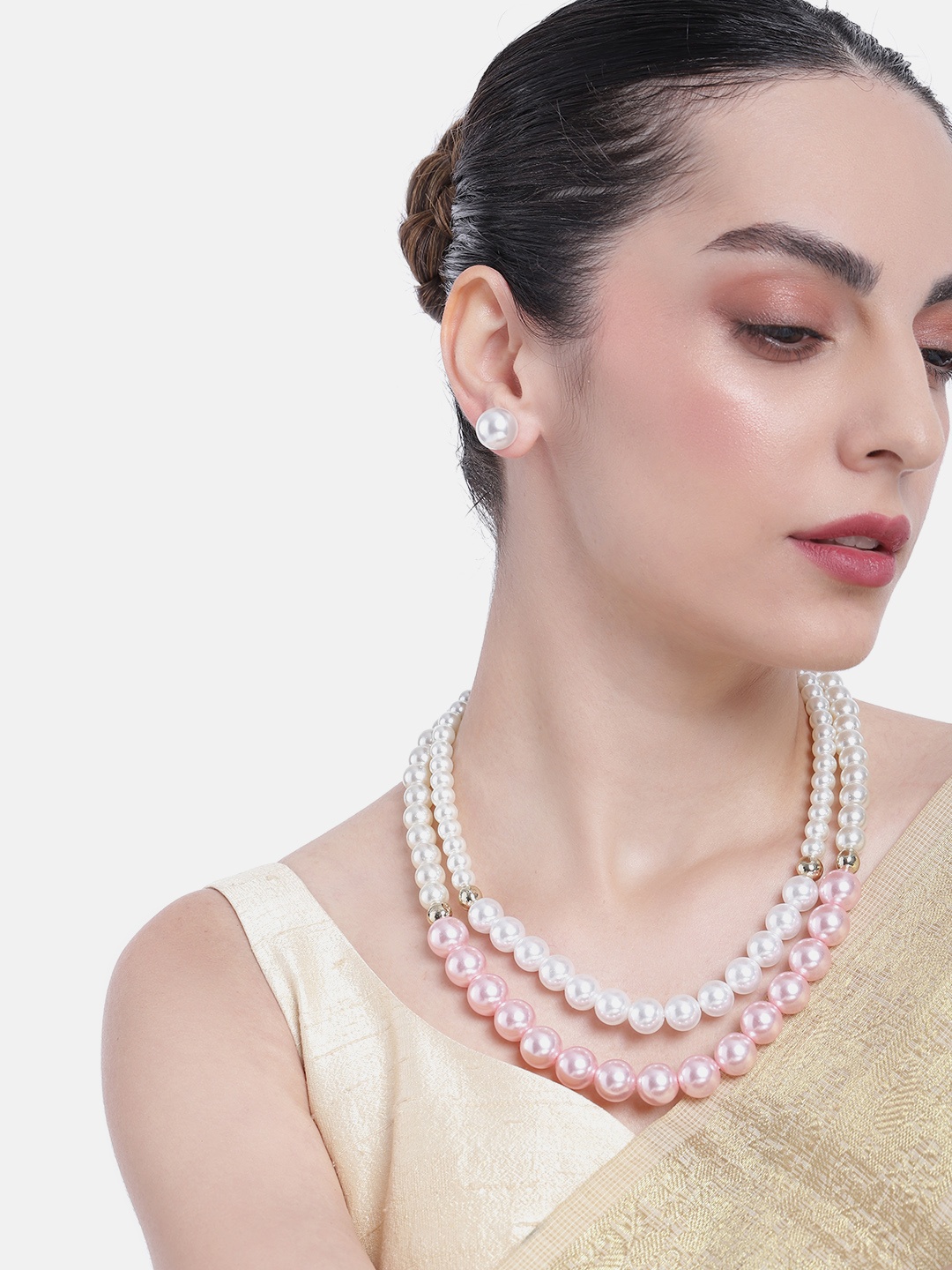 

Estele Gold Plated Dazzling Double Line Pearl Jewellery Set, Pink