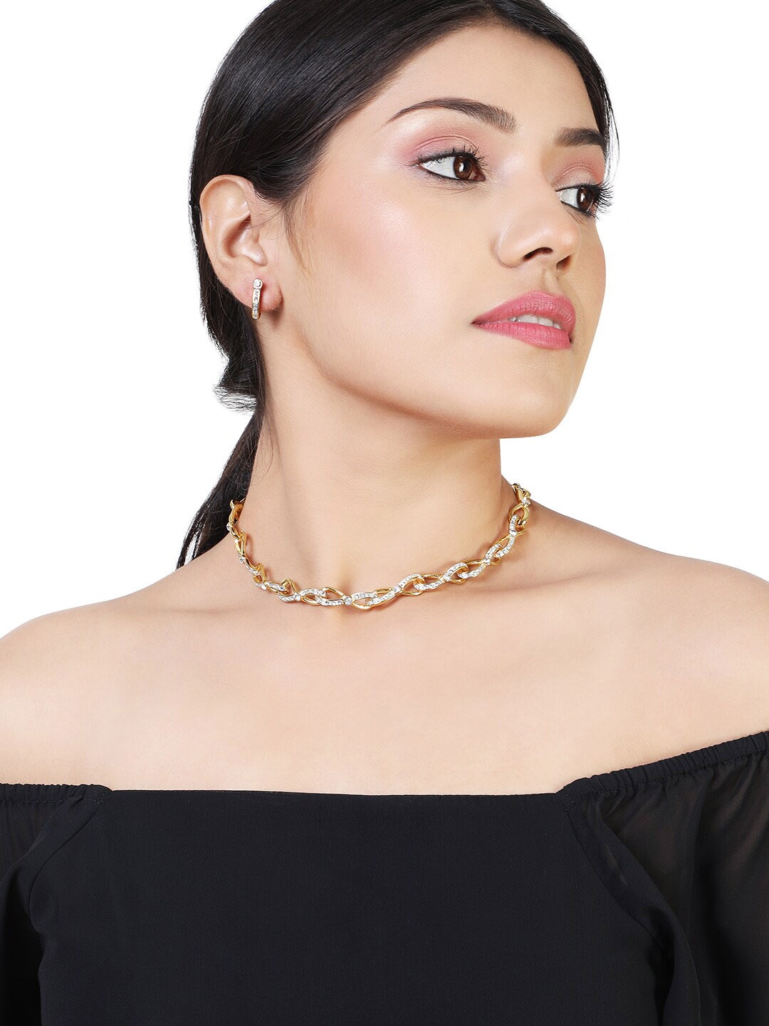 

Estele Gold Plated Infinity Loops Necklace Set with Austrian Crystal, White