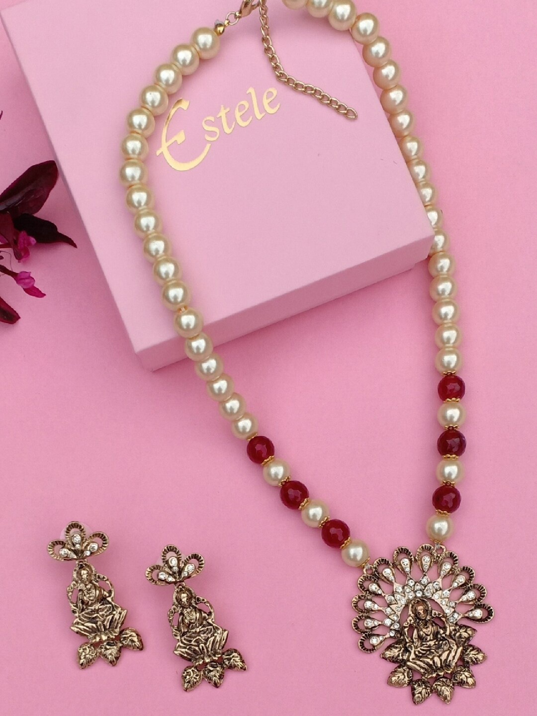 

Estele Gold Plated Exquisite Laxmi Devi Pearl Necklace Set with Crystals, Red