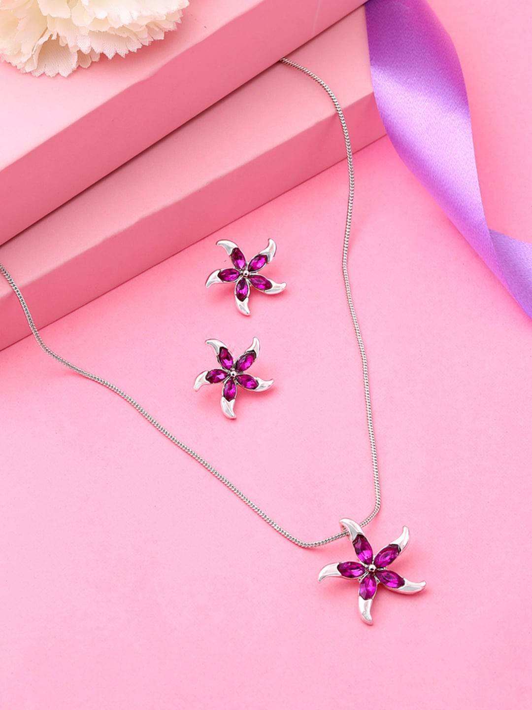 

Estele Rhodium Plated Star Shaped Pendant Set with Austrian Crystals, Purple