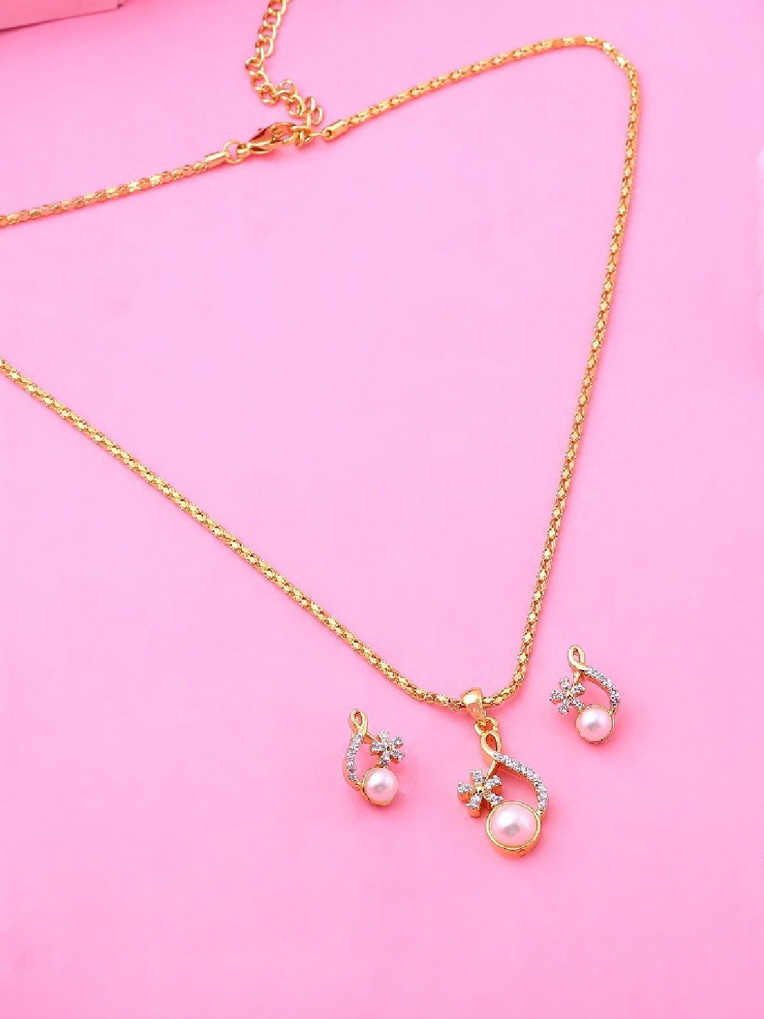 

Estele Gold Plated CZ Elegant Pendant Necklace Set with Pearls, White