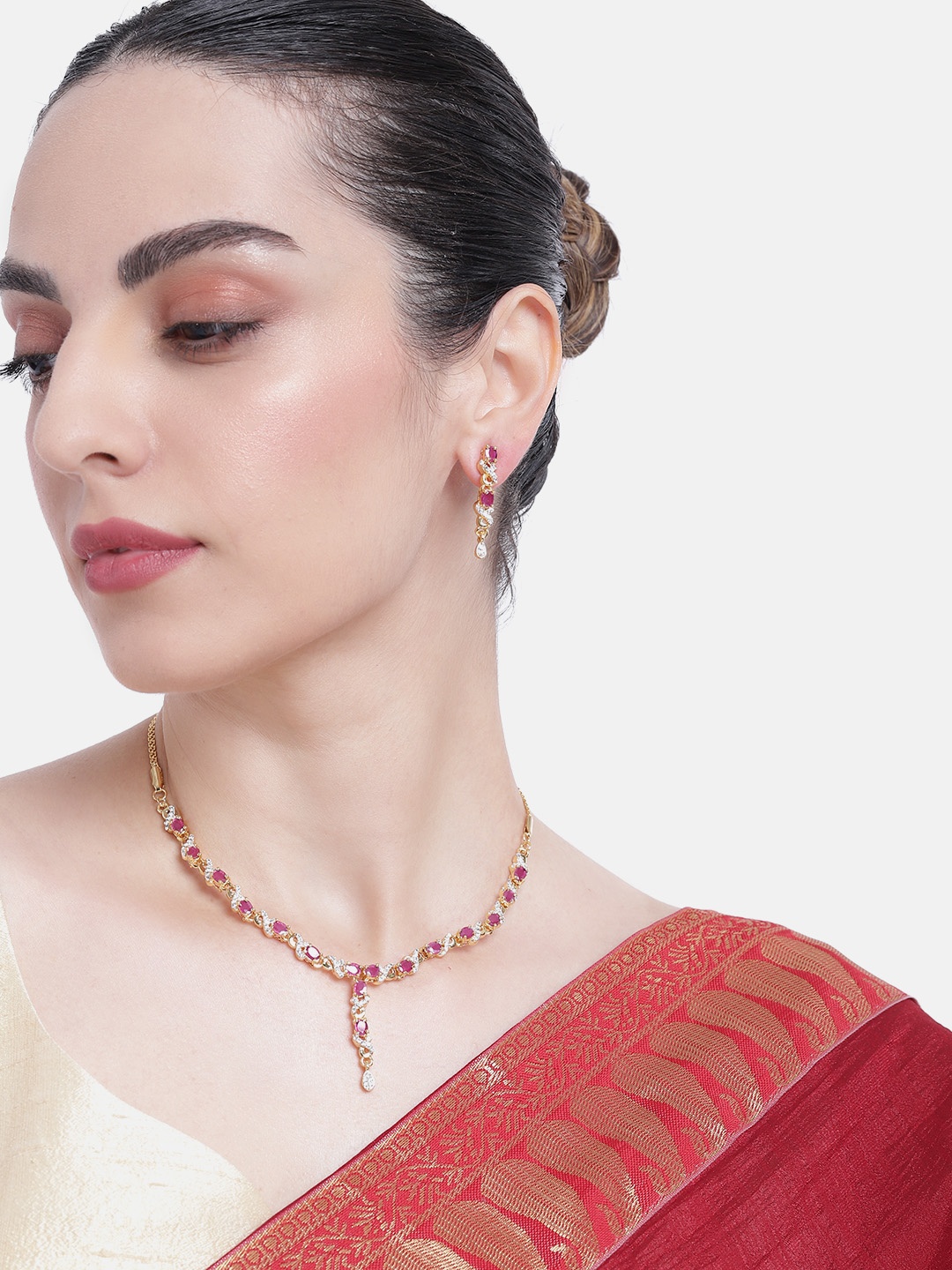 

Estele Gold Plated CZ Rubina Designer Necklace Set, Pink
