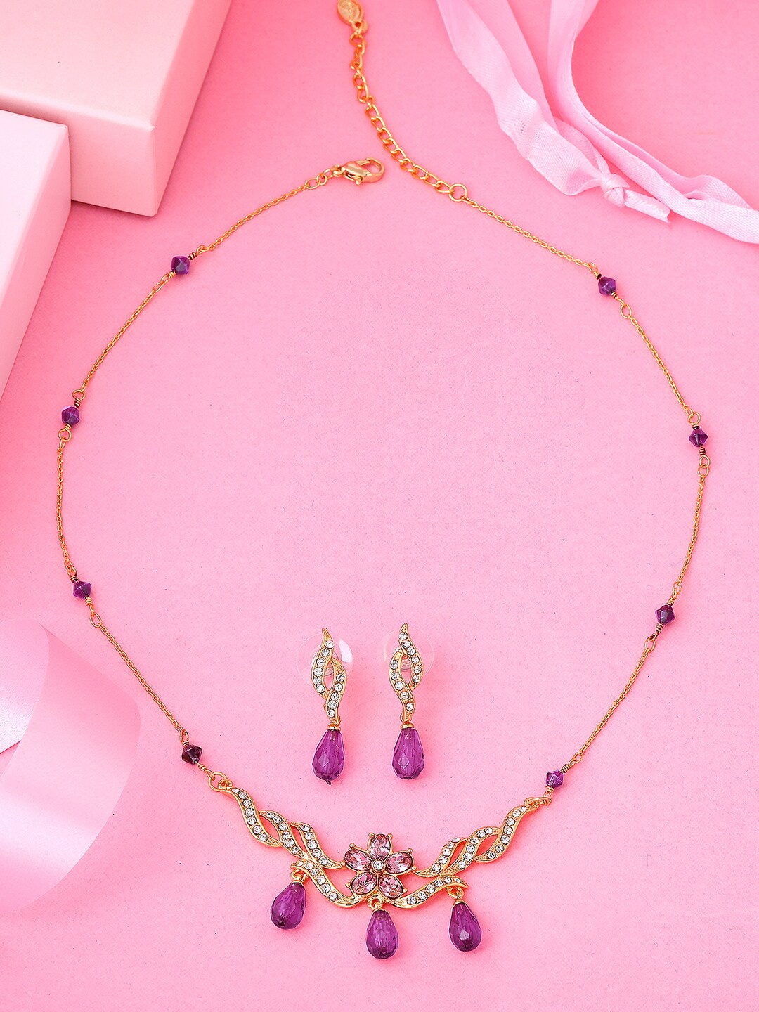 

Estele Gold Plated Flower Shaped Necklace Set with Crystals, Violet