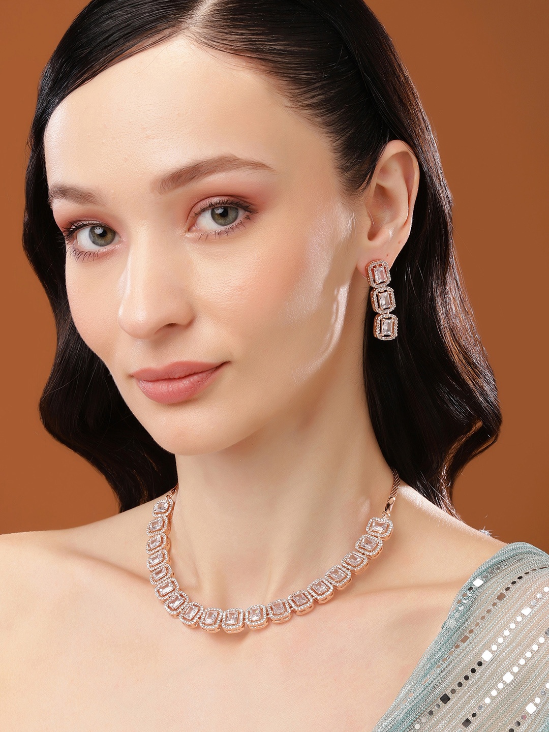 

Estele Rose Gold Plated CZ Ossum Octagon Necklace Set, White