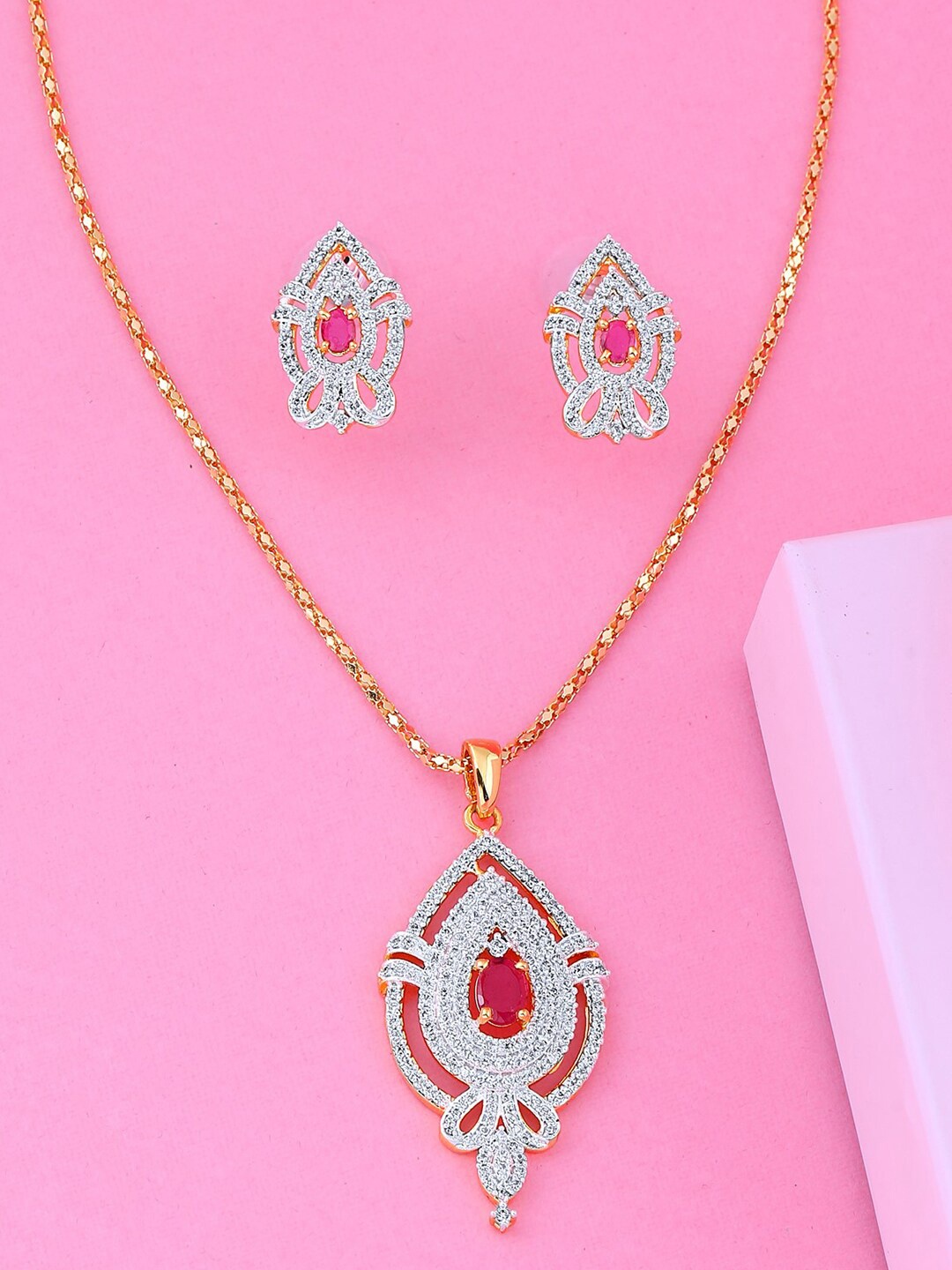 

Estele Gold Plated CZ Leaf Designer Pendant Set With Ruby Stones, Pink