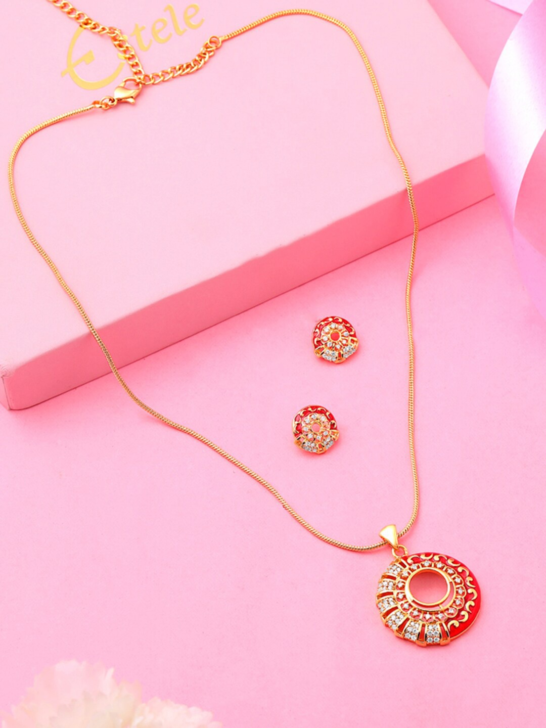 

Estele Gold Plated CZ Round Shaped Pendant Necklace Set, Red