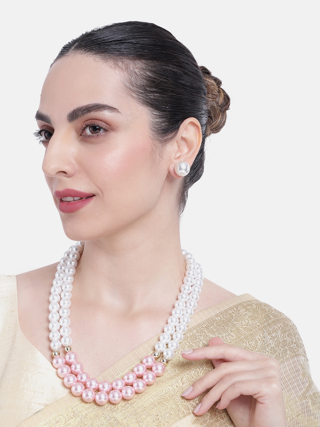 

Estele Gold Plated Fascinating Double Line Pearl Jewellery Set, Pink