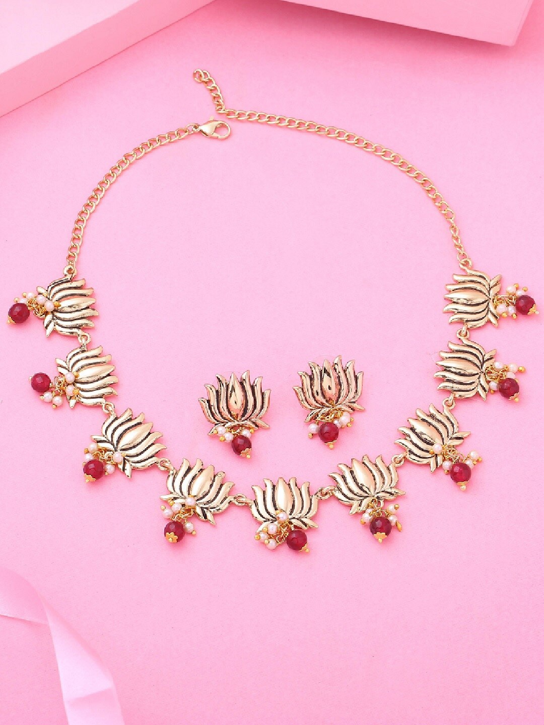 

Estele Gold Plated Antique Lotus Flower Choker Necklace Set with Pearls, Red