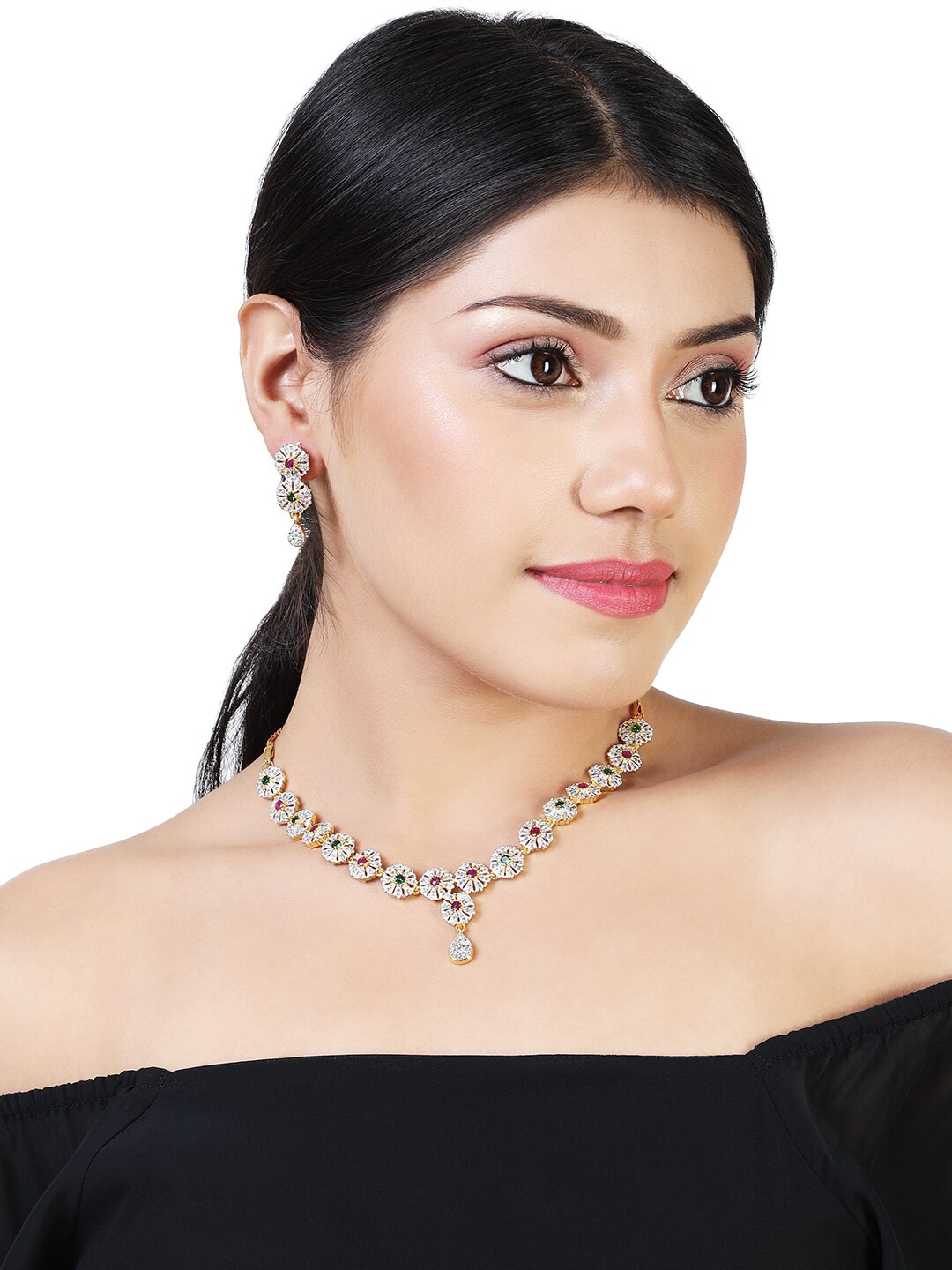 

Estele Gold Plated CZ Circular Designer Floral Necklace Set, White