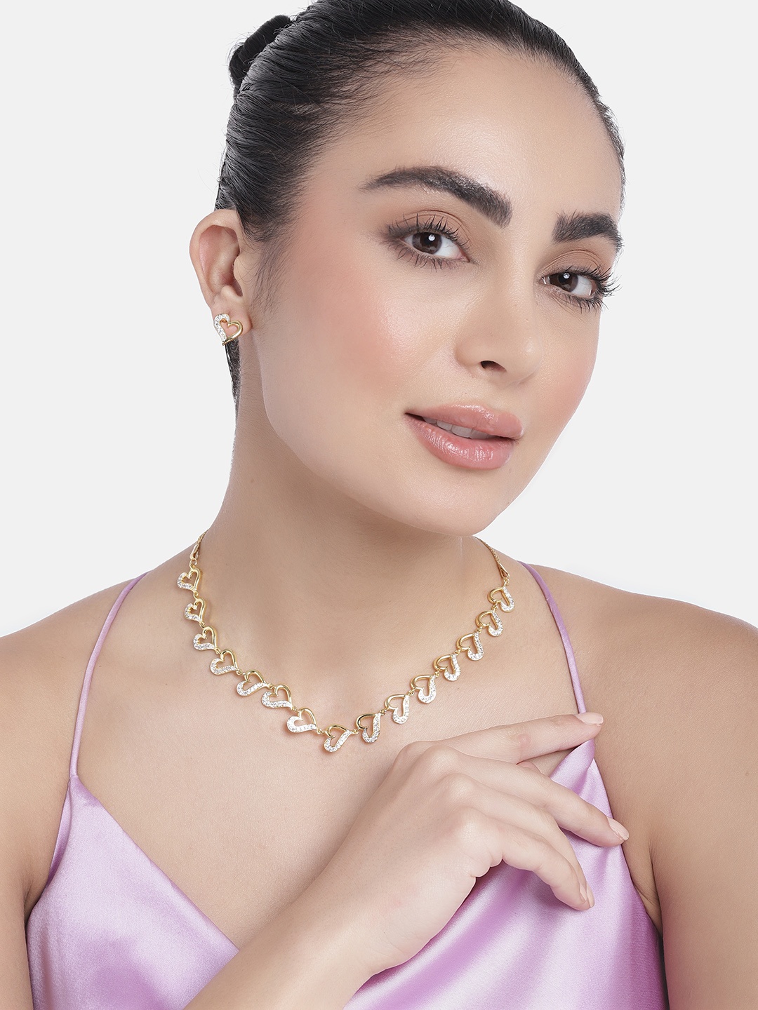 

Estele Gold Plated CZ Enamour Heart Shaped Designer Jewellery Set, White