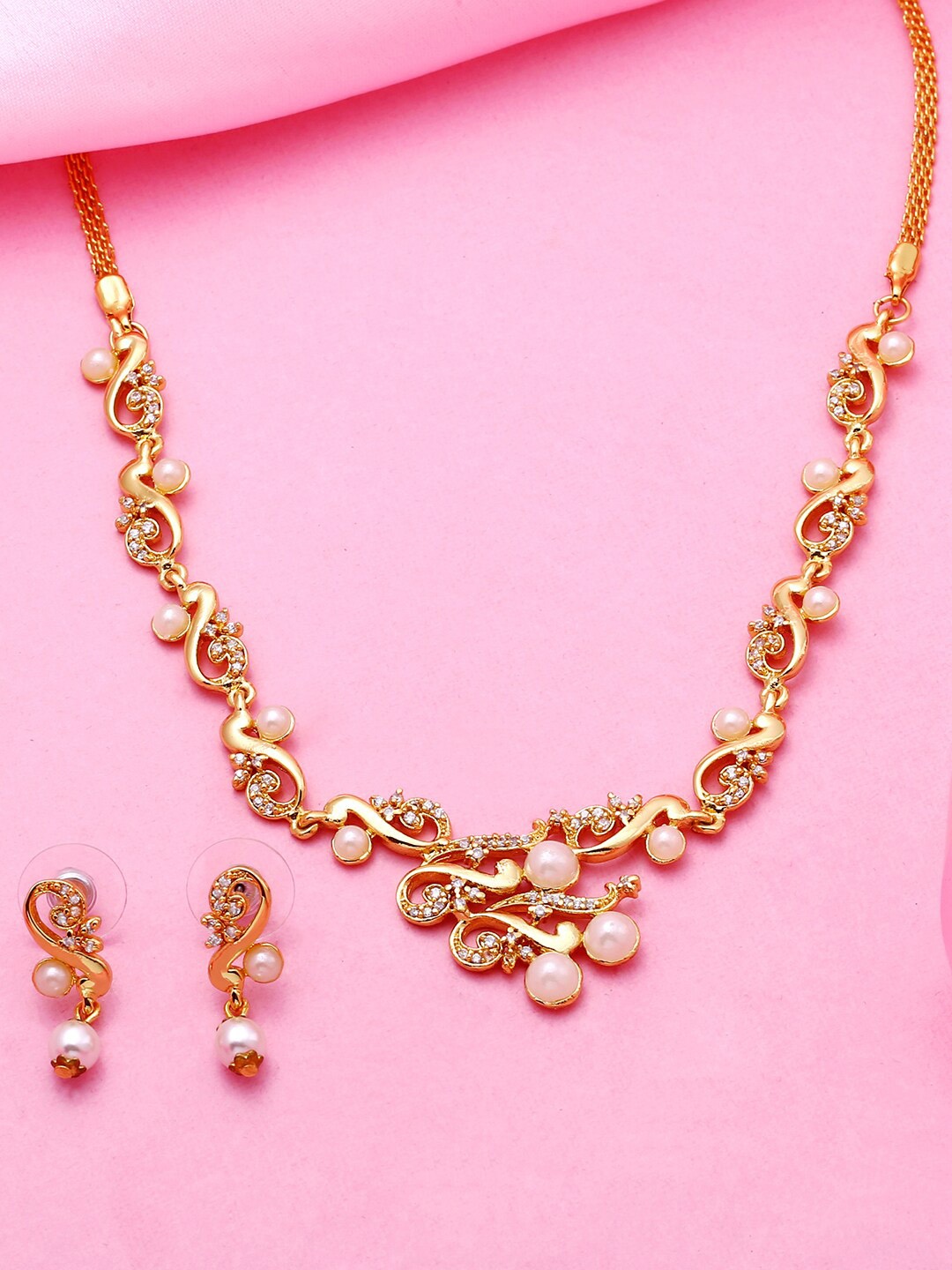 

Estele Gold Plated CZ Fascinating Necklace Set with Pearls, White