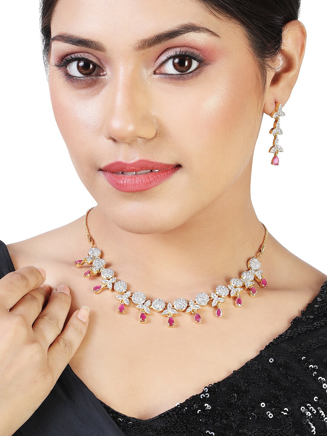 

Estele Gold Plated CZ Blossom Designer Necklace Set, White