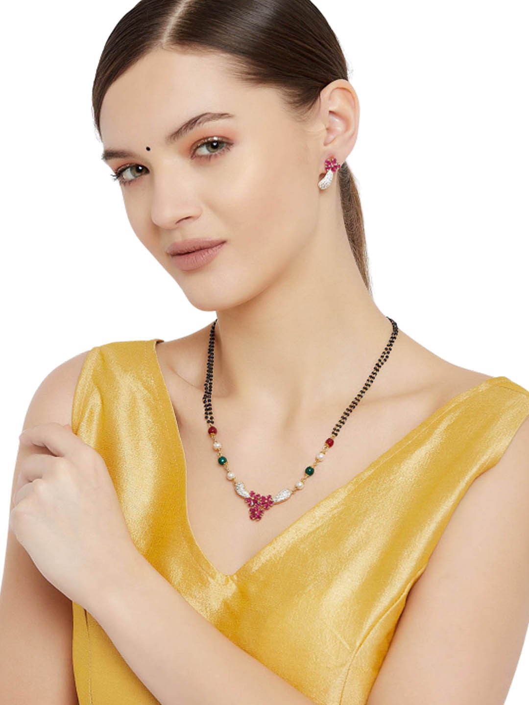 

Estele Gold-Plated CZ Classic Floret Designer Mangalsutra & Earrings Set, Multi