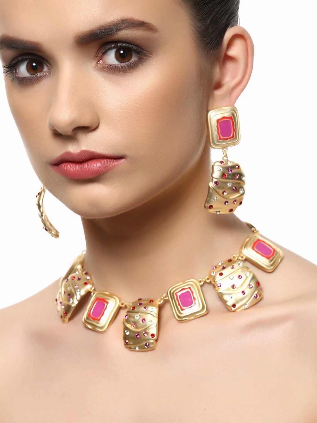 

Estele Gold Plated Geometric Shaped Designer Jewellery Set, Pink